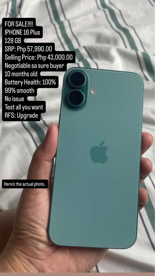 IPHONE 16 PLUS (Category: iPhone 16 Series) located in Dasmarinas. Submitted by cellen_020 (Listing ID 1422239417, Image 1). Description: URGENT SALE, DM YOUR OFFER.