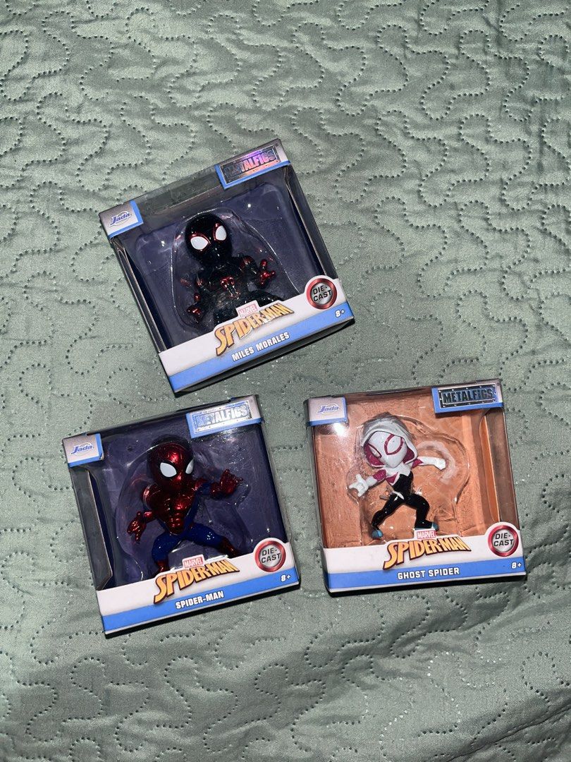 Jada Metalfigs Spider-Man Figures (Category: Figurines & Statues) located in Manila. Submitted by mysticbear-6786c4 (Listing ID 1422345344, Image 1). Description: - Spider-Man, Miles Morales, and Ghost Spider Die-cast. - All figures are in original packaging. (Still Sealed) - 450 Each ; 1200 if set MOP: Gcash, GoTyme or Maribank.
