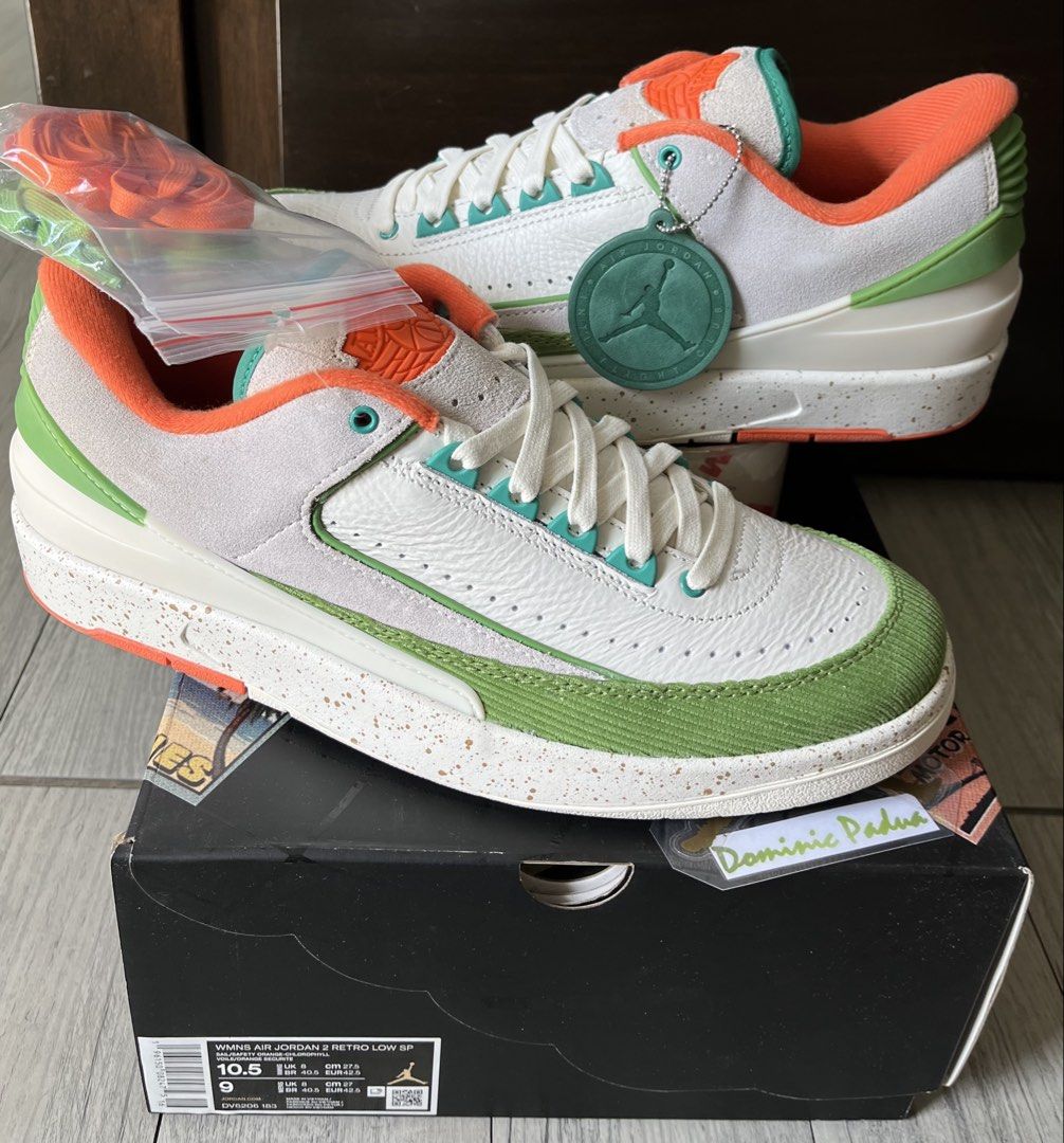 Jordan 2 Low (Safety Orange/Chlorophyll) (Category: Sneakers) located in Paranaque City. Submitted by amazondrake (Listing ID 1422243614, Image 2). Description: 🔥 Selling at 50% OFF 🔥 JORDAN 2 Low size 9M / 10.5W for ₱ 6,000 only ** [from 11,895 SRP] brand new never fitted *includes 2 extra laces (green and orange) ** some very unnoticeable discoloration due to stockage.