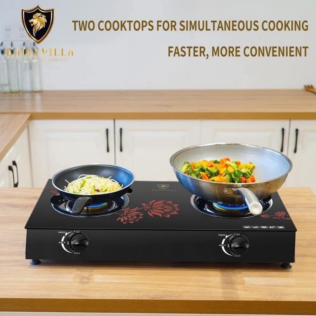 Kaisa Villa Double Burner (Category: Cookers) located in Manila. Submitted by jelai.cybyb (Listing ID 1422294633, Image 2). Description: Kaisa Villa Fancy Cooker features two cooktops for simultaneous cooking. It uses liquefied petroleum gas and has a thickened tempered glass surface. It includes child lock protection and is designed for home use. Model number is CJ-047. The specification size is 705x390x93mm..
