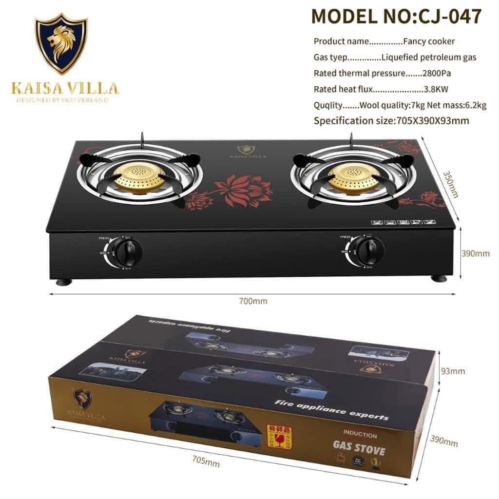 Kaisa Villa Double Burner (Category: Cookers) located in Manila. Submitted by jelai.cybyb (Listing ID 1422294633, Image 3). Description: Kaisa Villa Fancy Cooker features two cooktops for simultaneous cooking. It uses liquefied petroleum gas and has a thickened tempered glass surface. It includes child lock protection and is designed for home use. Model number is CJ-047. The specification size is 705x390x93mm..