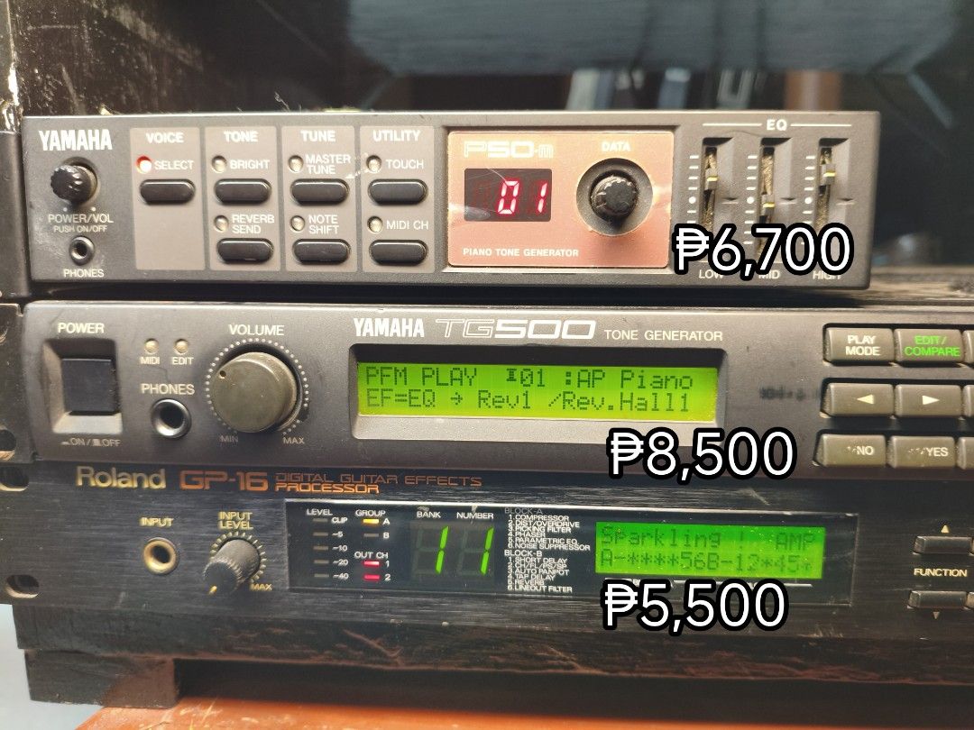 Keyboard Guitar Rack Module Yamaha Roland (Category: Musical Instruments) located in Rizal. Submitted by johnics1123 (Listing ID 1422328956, Image 2). Description: Please read 🔸 Yamaha P-50m Tone Generator - With yamaha adaptor (100v) - 6,500 SOLD 🔸Yamaha TG500/SY85 120V - 8,500 🔸 Roland GP-16 Guitar Effects (100v) - 5,500 Pickup and test here at my place taytay rizal or meetup SM taytay Payment Cash/BPi/Gotyme/Maribank/Maya.