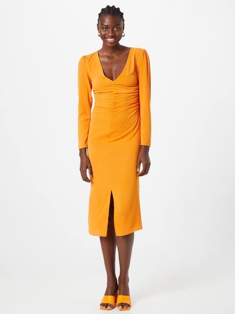 Monki Orange Midi Dress (Category: Dresses) located in Manila. Submitted by declutterwkb (Listing ID 1422266044, Image 1). Description: - Used once - Monki orange midi dress - Size can fit xs-s - V-neckline - Long sleeves - Ruched detailing - Front slit.