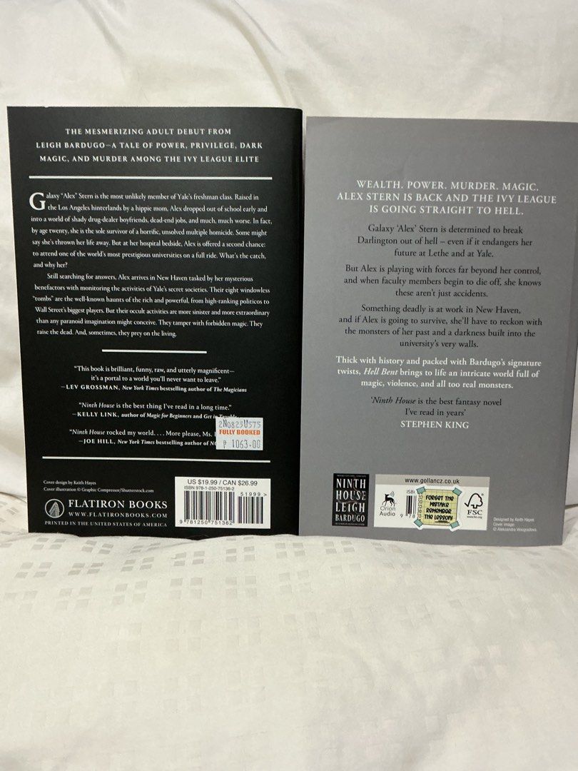 (LAST PRICE) Ninth House & Hell Bent by Leigh Bardugo (Category: Storybooks) located in Cavite. Submitted by audepages (Listing ID 1422264028, Image 2). Description: STILL AVAILABLE Set of two books: Ninth House and Hell Bent by Leigh Bardugo. Both are paperback editions. Ninth House is the first book in the series. The books are in English. The covers feature striking designs with the titles and author's name prominently displayed. The back cove