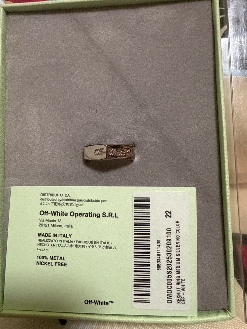 Off-White hexanut Ring (Category: Accessories) located in Singapore. Submitted by stradalin (Listing ID 1422310998, Image 2). Description: - Silver color - Comes with original box and packaging - Made in Italy - 100% metal and nickel-free - Stylish accessory - Abit of tarnish due to wear.