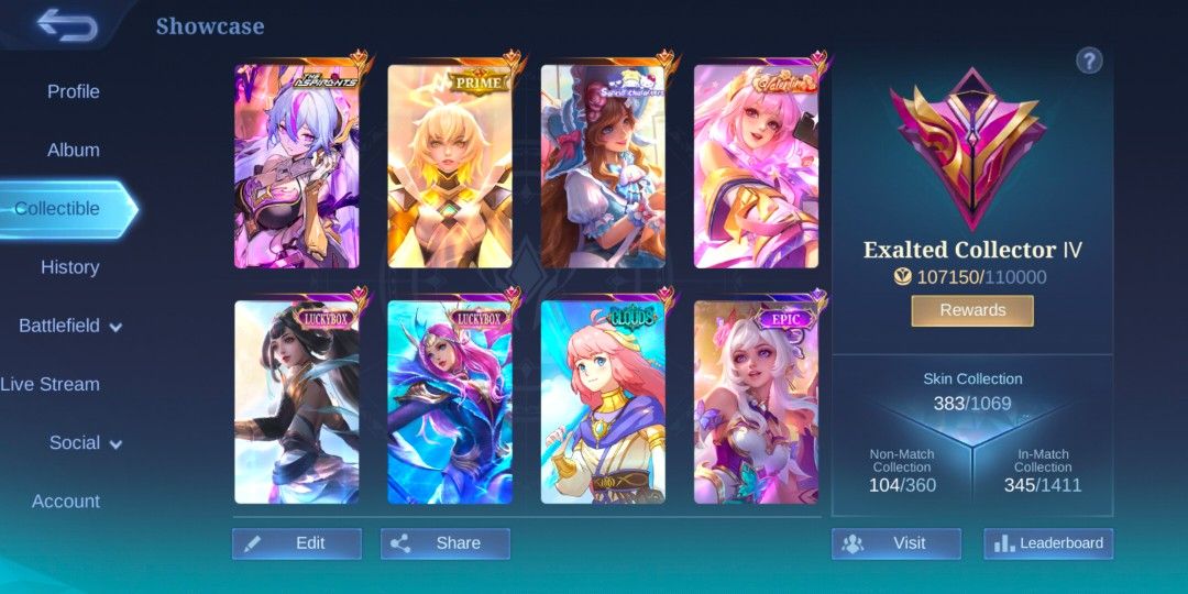Premium MLBB Account (Category: Game Gift Cards & Accounts) located in Manila. Submitted by heavenne.tree (Listing ID 1422299859, Image 2). Description: ​🔥 [WTS] 383 SKINS | EXALTED COLLECTOR IV | CLEAN TRANSFER 🔥 ​✨ ACCOUNT CORE STATS ​• Level: 110 | Current Rank: Legend I (Highest: Mythic 71★) • ​Win Rate: 66.05% | Matches: 9,605 | MVPs: 2,618 • ​Collector Points: 107,150/110,000 (Exalted IV) • ​Emblems: All Maxed Out (Lv 60) ​💎 FEATURED COL