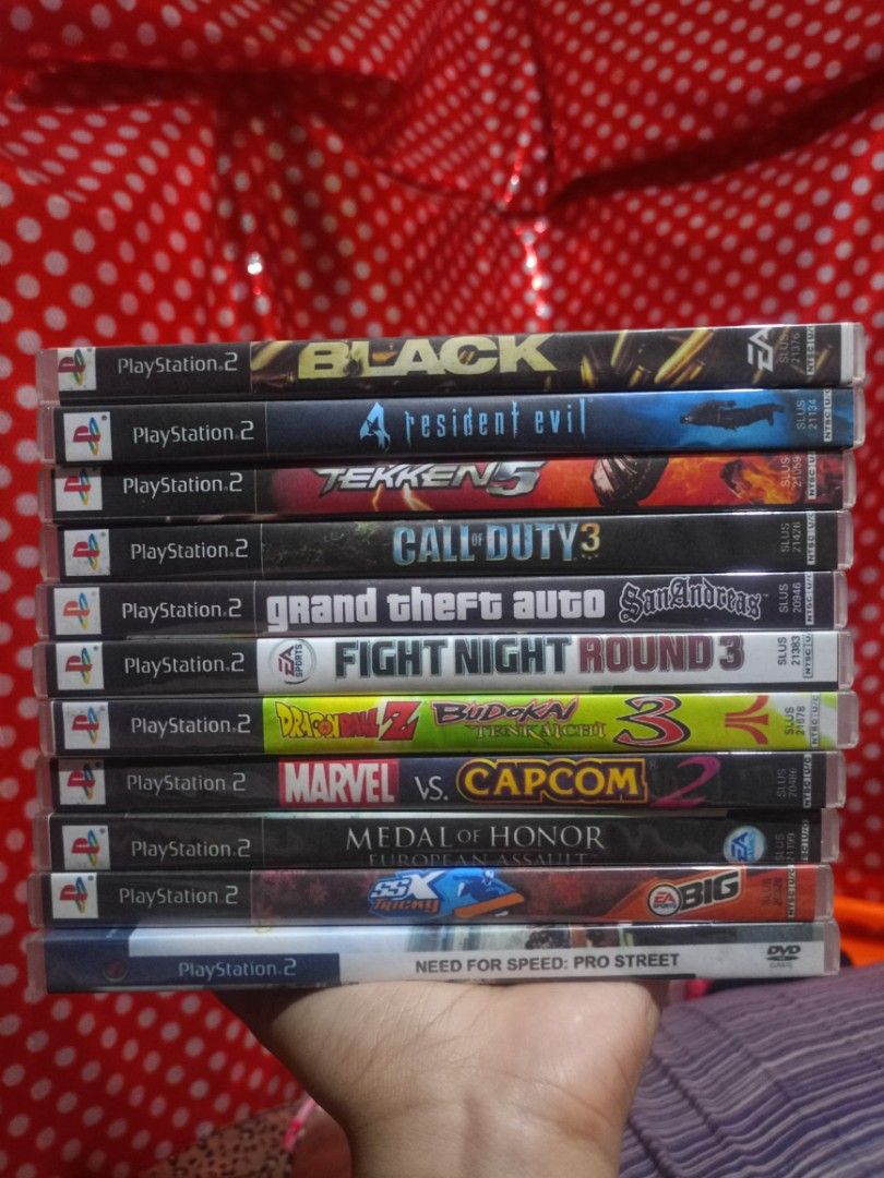 [Free sf] PS2 Games 11pcs takeall (Category: PlayStation) located in Taguig. Submitted by ashiieewazzup (Listing ID 1422244343, Image 1). Description: Take all PS2 games (bootleg only, cd burned) -No warranty -No choosing, for takeall only Games: >Black >Resident Evil 4 >Tekken 5 >Call of Duty 3 >GTA San Andreas >Fight Night Round 3 >DBZ Budokai Tenkaichi 3 >Marvel vs. Capcom 2 >Medal of Honor: European Assault >SSX Tricky >NFS: Pro Street LP: 85