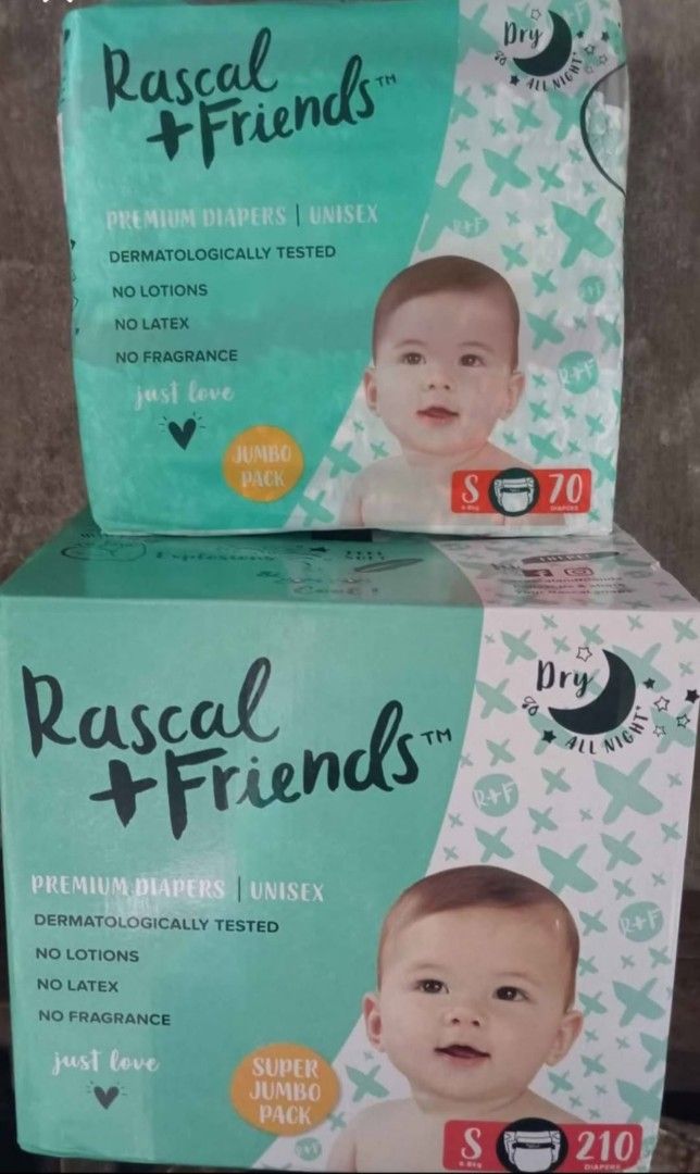 Rascal + Friends Premium Diapers - Unisex (Category: Diapers & Baby Wipes) located in Manila. Submitted by sweetieteapascua (Listing ID 1422353788, Image 1). Description: Rascal + Friends Premium Diapers, unisex. Dermatologically tested, with no lotions, no latex, and no fragrance. Available in two sizes: Jumbo Pack (S 70) and Super Jumbo Pack (S 210). Designed for all-night dryness..