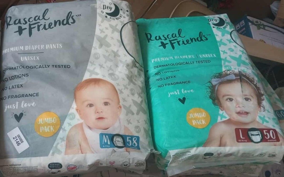 Rascal + Friends Premium Diaper Pants - Jumbo Pack (Category: Diapers & Baby Wipes) located in Manila. Submitted by sweetieteapascua (Listing ID 1422353815, Image 1). Description: Rascal + Friends Premium Diapers, unisex. Dermatologically tested, with no lotions, no latex, and no fragrance. Available in sizes M (58 pieces) and L (50 pieces). Jumbo pack..