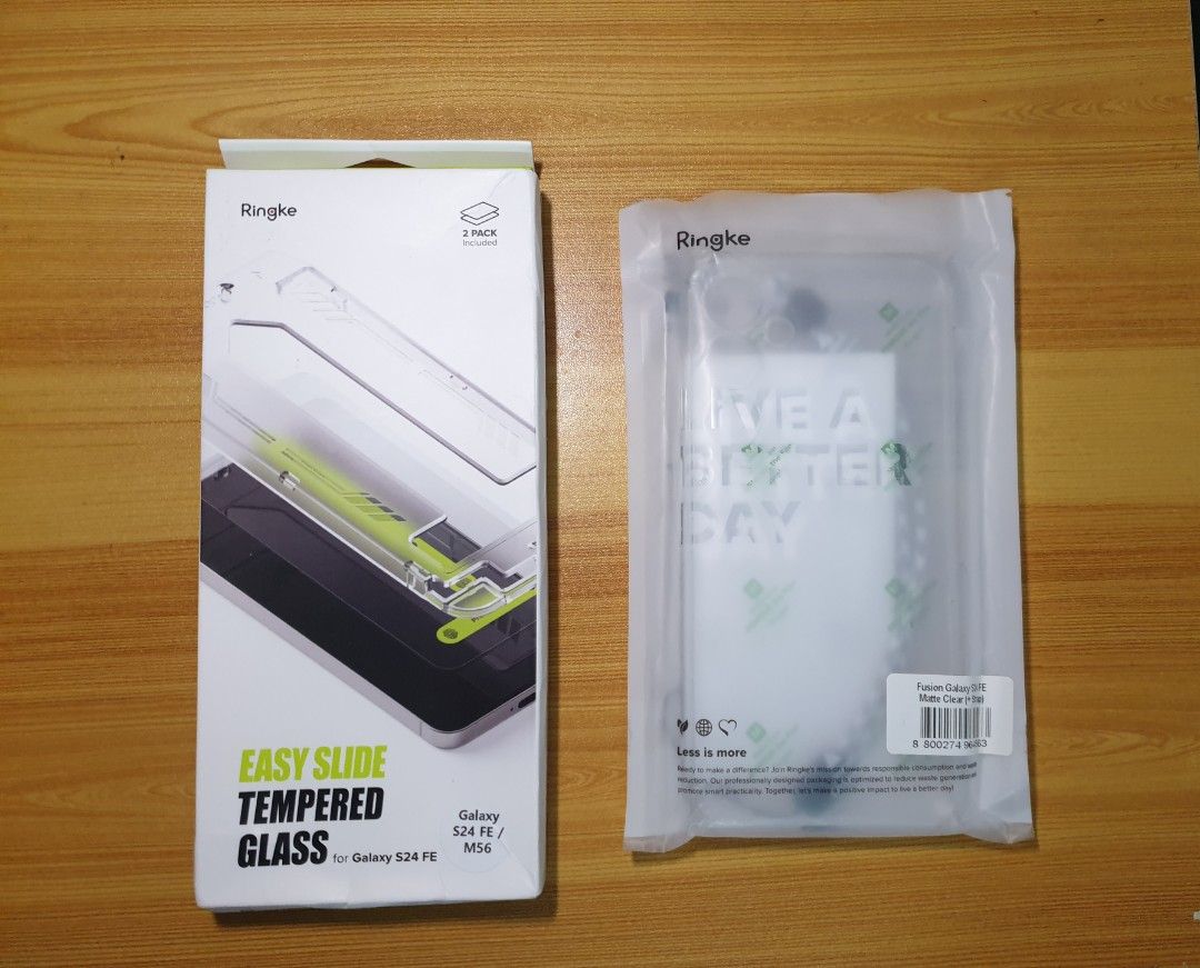 [Return Case Bundle] S24 FE Fusion Matte Clear and Tempered Glass Screen Protector (Category: Cases & Sleeves) located in Pasig City. Submitted by modestfinds (Listing ID 1422381312, Image 2). Description: - S24 FE Return Case Bundle - Includes Ringke Fusion Matte Clear Case - Tempered Glass Screen Protector - Protective films still intact - Comes with 2 tempered glass - Includes cleaning tools.