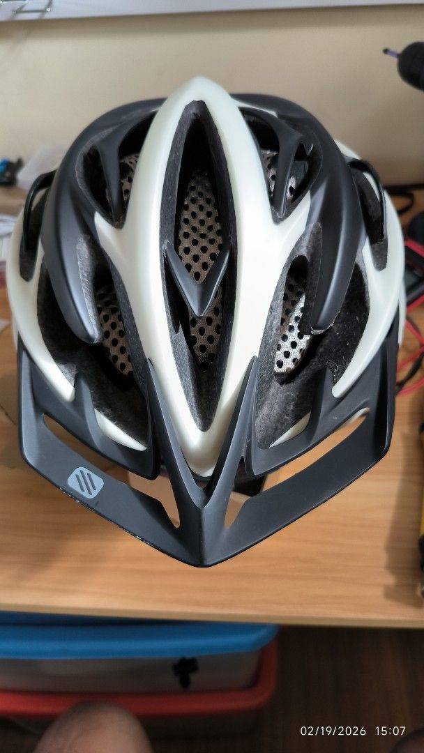 Rudy Project Sterling+ Cycling Helmet (Category: Bicycles) located in Quezon City. Submitted by picshot (Listing ID 1422290895, Image 1). Description: - Rudy Project Sterling+ cycling helmet - Size: L - Color: White and Black - Features: - Adjustable straps - Vents for airflow - Visor for sun protection - Visible interior padding - CE safety certified RFS: Size is a bit big for my head. hardly use it. Replaced some plastic part with 3D printed pa