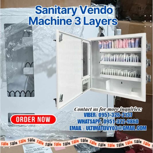 Sanitary Vendo Machine 3 Layers (Category: Home Improvement Tools & Accessories) located in Caloocan City. Submitted by chaseolive35337 (Listing ID 1422269414, Image 1). Description: 1. Machine Size: W52*D12.5*H54cm; N. Weight, 13Kg, and G.Weight:14kg 2. Selections: 3types, column length 370mm 3. Capacity: 8-20pcs of each, total 24-60pcs 4. Coin mech 1-2coins 5. Full mechanical vending machine, 3 columns are worked with 3 coin mechs, only accept 