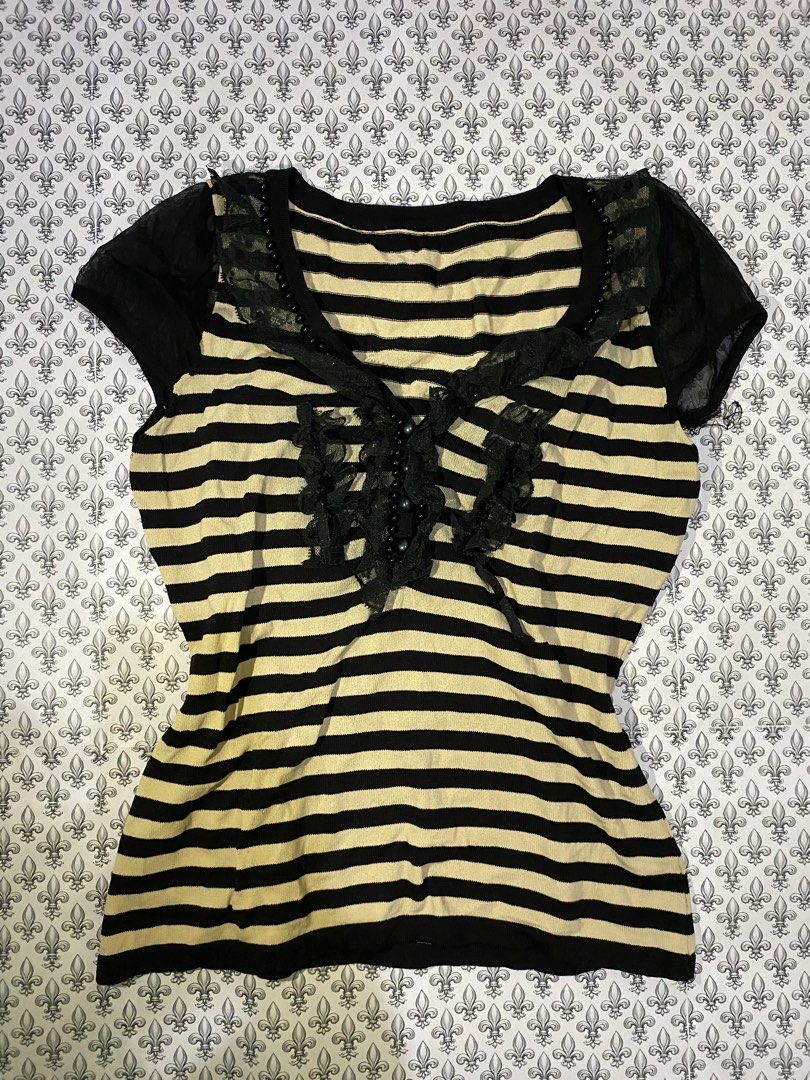 Striped Top with Lace Details (Category: Blouses) located in Ozamiz City. Submitted by sw4gcvnt (Listing ID 1422371781, Image 1). Description: black & cream steampunk top ·:*¨༺ ♱✮♱ ༻¨*:· ✚ m: 230 ✚ s: 250 ✚ l: 299 (au) size: s-m length: 20 issue: loose threads located at the armpit area.