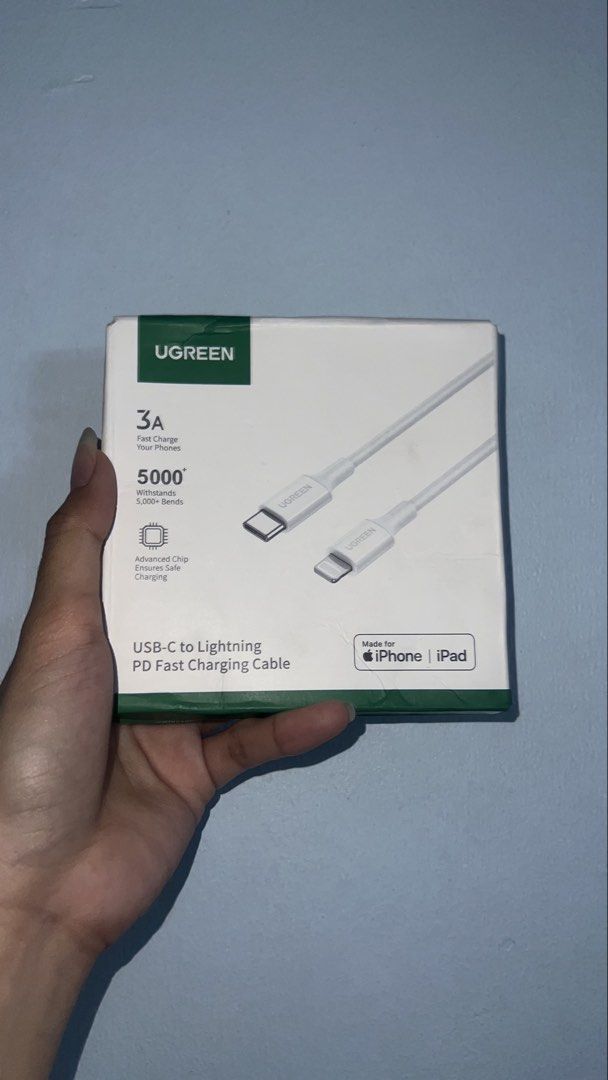 Ugreen USB-C to Lightning Cable (Category: Chargers & Cables) located in Caloocan City. Submitted by minuteburger (Listing ID 1422329759, Image 1). Description: - Fast charging for iPhone and iPad - Supports up to 3A - 1 meter long - Durable design (5,000+ bends) - Built-in chip for safe charging.