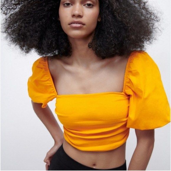 Zara Orange Puff Sleeve Top - Size S (Category: Blouses) located in Quezon City. Submitted by maejichoco (Listing ID 1422345508, Image 2). Description: - fits XS-S - worn 1-2x only loc: QC (banawe area) dm for more inquiries.