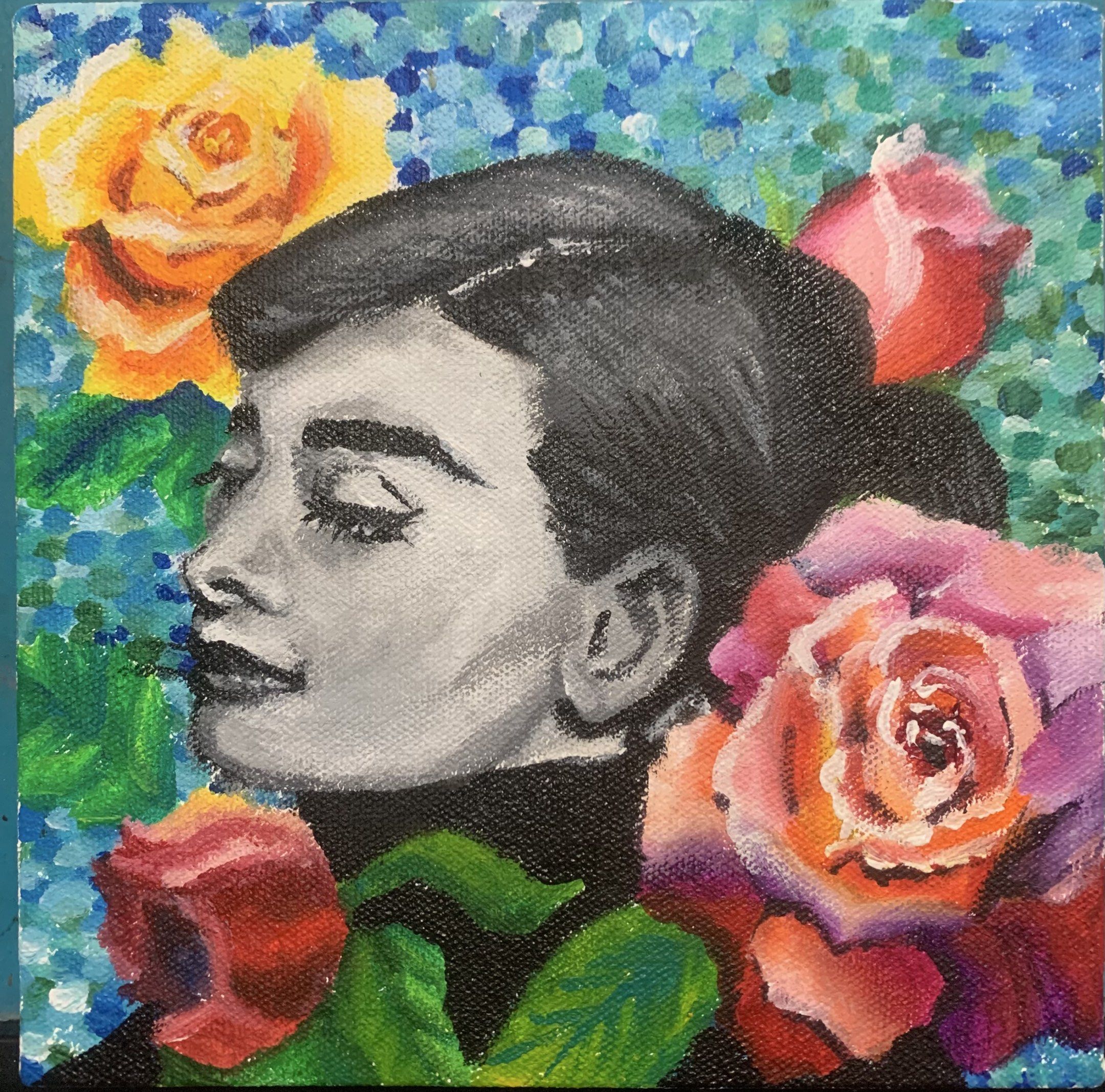 Audrey Hepburn Portrait Painting (Category: Art & Prints) located in Las Pinas. Submitted by andsxart (Listing ID 1419284456, Image 1). Description: “Sweet Audrey” Acrylic on Boxed Type Canvas 8x8 inches 2026 - Original acrylic painting on canvas - with COA - Features Audrey Hepburn in profile - Black and white portrait with colorful roses - Ideal for art collectors and enthusiasts .