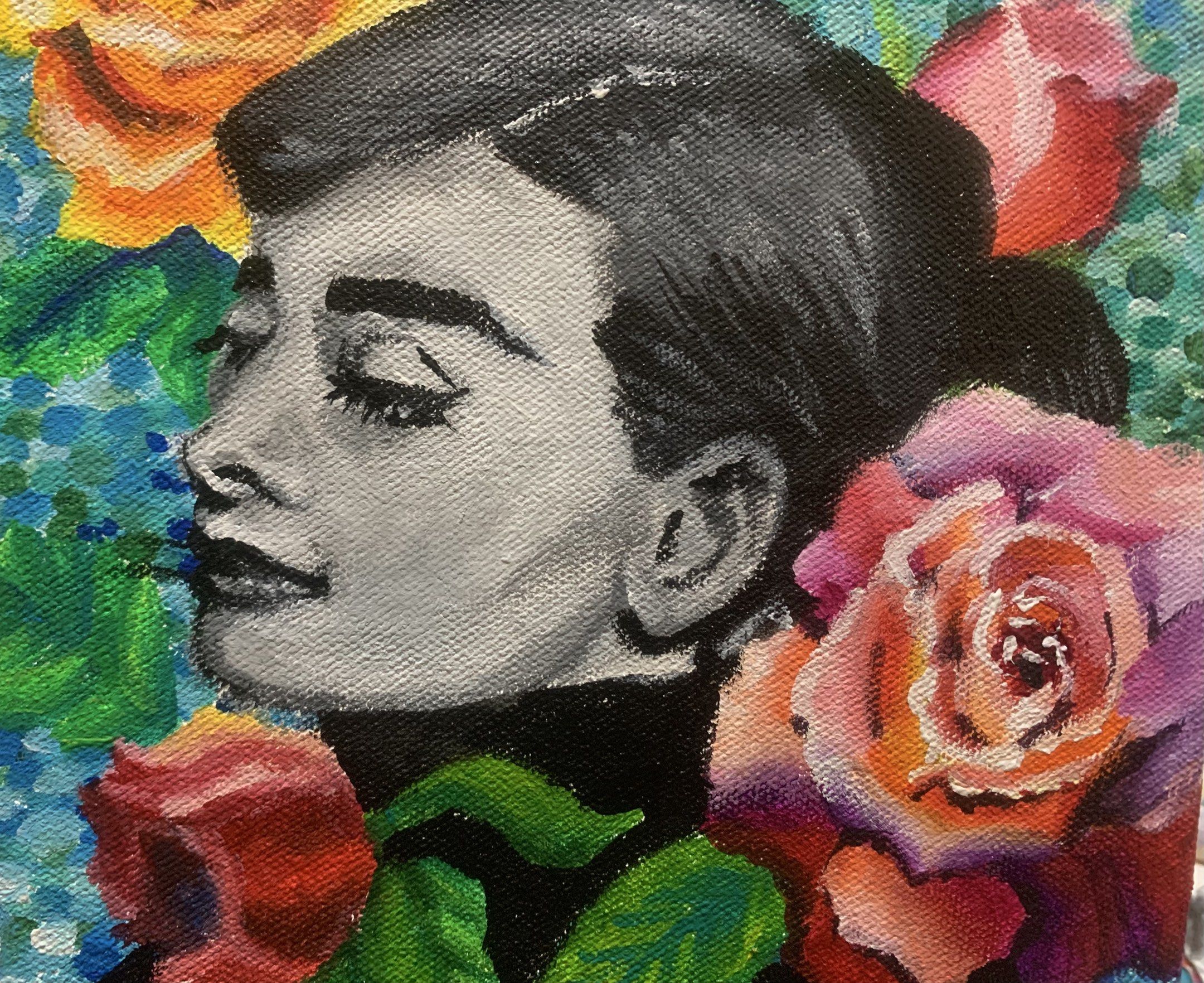 Audrey Hepburn Portrait Painting (Category: Art & Prints) located in Las Pinas. Submitted by andsxart (Listing ID 1419284456, Image 2). Description: “Sweet Audrey” Acrylic on Boxed Type Canvas 8x8 inches 2026 - Original acrylic painting on canvas - with COA - Features Audrey Hepburn in profile - Black and white portrait with colorful roses - Ideal for art collectors and enthusiasts .