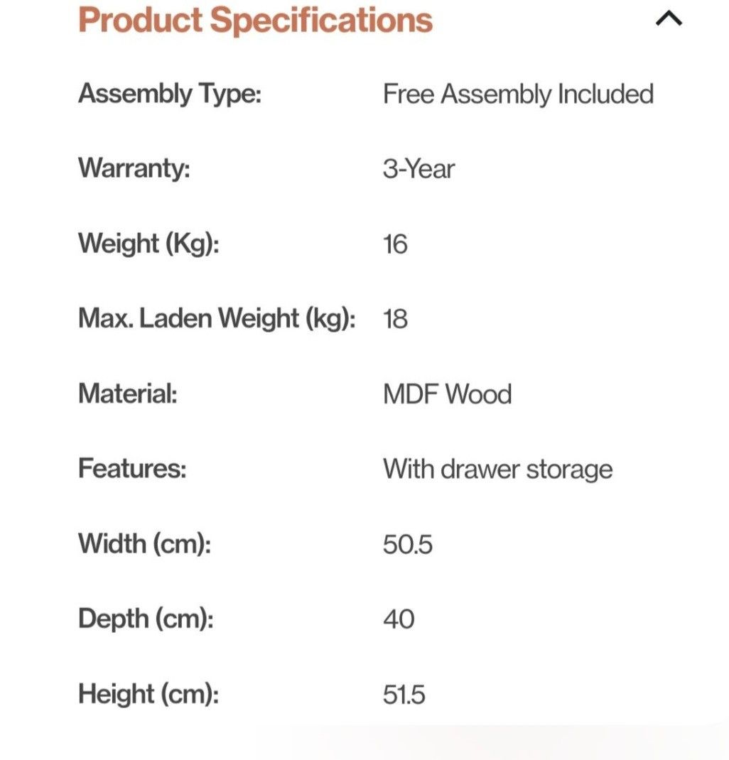 Bedside Table (Category: Tables & Sets) located in Singapore. Submitted by icequeennn (Listing ID 1419257864, Image 3). Description: Letting go of this beautiful walnut side table from FortyTwo 🤎 Purchased in July 2025, still in like-new condition. Original price: $89.90 (refer to next photo) Letting go to clear space. ✔️ Comes with 3 years warranty 📏 Dimensions: • Width: 50.5 cm • Depth: 40 cm • Height: 51.5 cm.