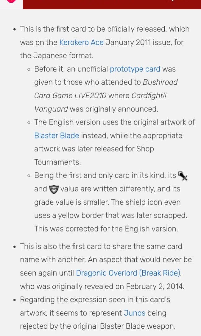 Blaster Blade Prototype (Category: Raw Cards) located in Singapore. Submitted by callane2 (Listing ID 1419213589, Image 3). Description: https://cardfight.fandom.com/wiki/Card_Trivia:Blaster_Blade_(No_Ability) First ever vanguard card released at bushiroad booth 2010 tokyo toy show. Condition: 8/10 POC Tengah $2 track mailing to your address (2 working days) Card will be packed nicely in top loader Tags/ Aichi Sendou Royal Paladin Old Gen Old Van