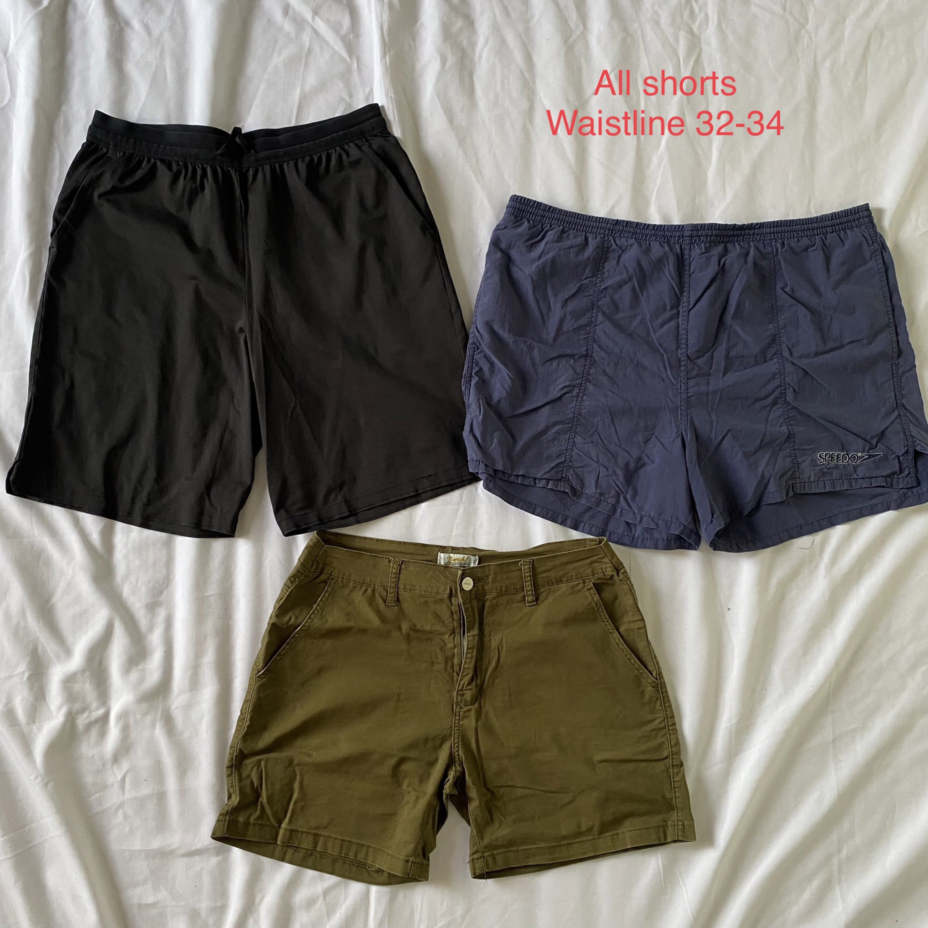 Bundle shorts!! (Category: Shorts) located in Makati City. Submitted by quickfinds (Listing ID 1419334206, Image 1). Description: SOLD AS BUNDLE ALL USED used as daily shorts, still presentable and wearable -Uniqlo black dri fit shorts Loose threads on hem - Speedo navy blue swim shorts - Bench army green plain shorts.