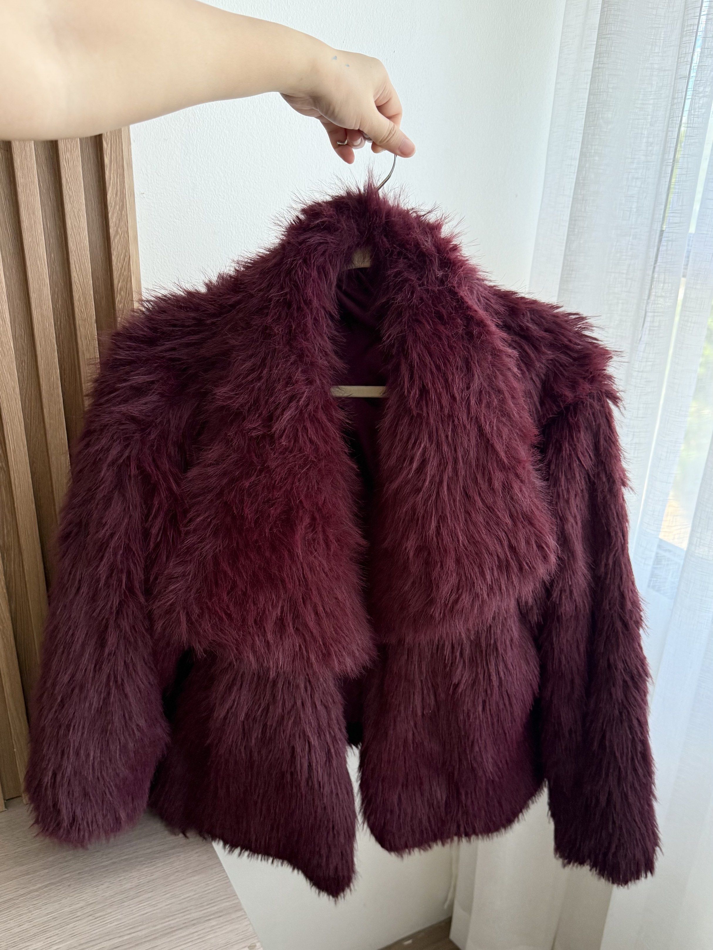Burgundy Faux Fur Jacket (Category: Coats, Jackets and Outerwear) located in Davao. Submitted by belleamourph (Listing ID 1419219237, Image 1). Description: Burgundy Faux Fur Small Worn once Like new .