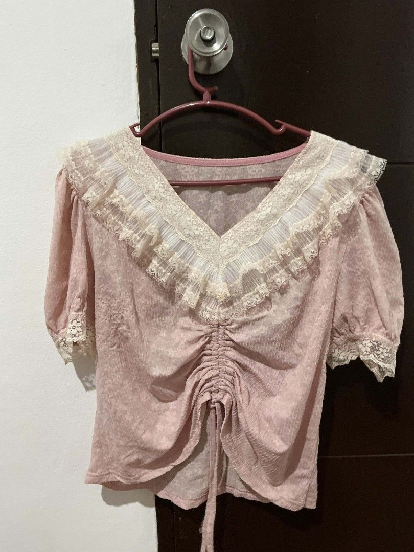 Coquette Pink Lace Trim Blouse (Category: Blouses) located in Calamba. Submitted by chaeyaaa (Listing ID 1419330282, Image 1). Description: - Delicate pink floral fabric - Flattering V-neckline with lace trim - Short sleeves with lace Fits size: M Mop:gcash Mod:jnt Shipping every friday only no ww.