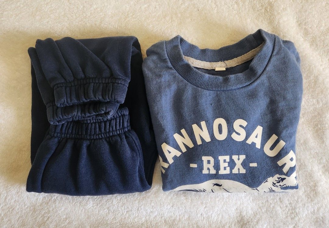 Dinosaur Print Sweatshirt and Pants Set 24M (Category: Babies & Kids Fashion) located in Pasig City. Submitted by machichoo (Listing ID 1419223627, Image 1). Description: - Blue sweatshirt with dinosaur graphic - Crew neck and long sleeves - Matching navy blue pants - Elastic waistband and cuffs - Perfect for casual wear.