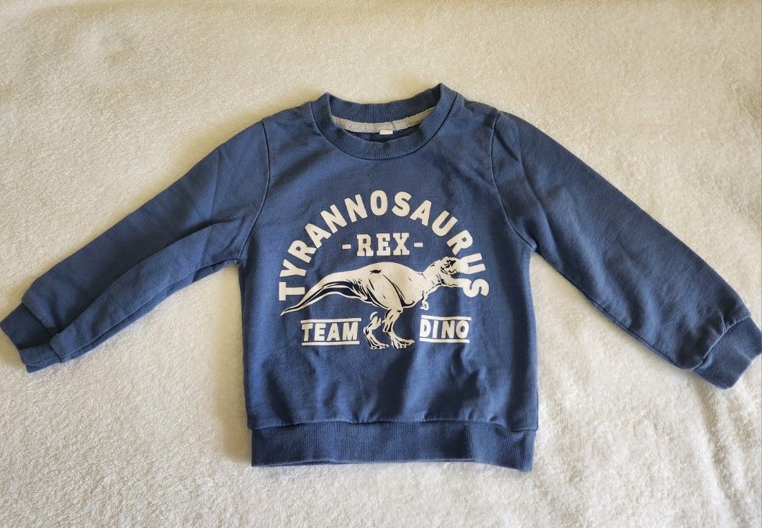 Dinosaur Print Sweatshirt and Pants Set 24M (Category: Babies & Kids Fashion) located in Pasig City. Submitted by machichoo (Listing ID 1419223627, Image 3). Description: - Blue sweatshirt with dinosaur graphic - Crew neck and long sleeves - Matching navy blue pants - Elastic waistband and cuffs - Perfect for casual wear.