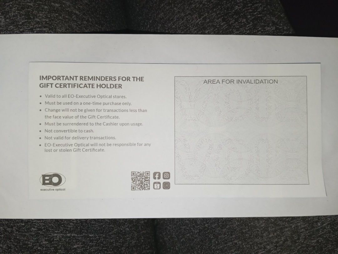 Executive Optical (EO) 1K GC (Category: Vouchers) located in Manila. Submitted by joycu (Listing ID 1419316576, Image 2). Description: •Executive Optical (EO) •1K Gift Certificate (GC) •Valid to All EO-Executive Optical Stores •worth Php900.00 na lang MOP: Cash or Gcash MEET-UP: Robinsons Manila Mall Thank you..