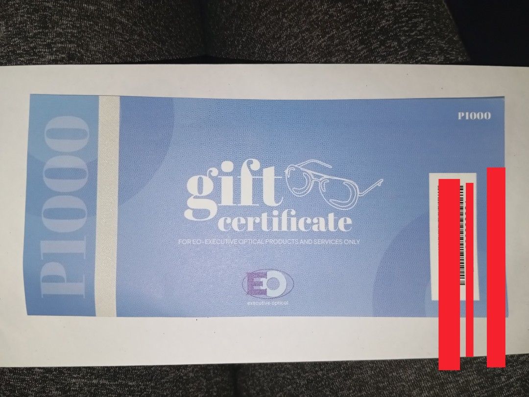 Executive Optical (EO) 1K GC (Category: Vouchers) located in Manila. Submitted by joycu (Listing ID 1419316576, Image 1). Description: •Executive Optical (EO) •1K Gift Certificate (GC) •Valid to All EO-Executive Optical Stores •worth Php900.00 na lang MOP: Cash or Gcash MEET-UP: Robinsons Manila Mall Thank you..