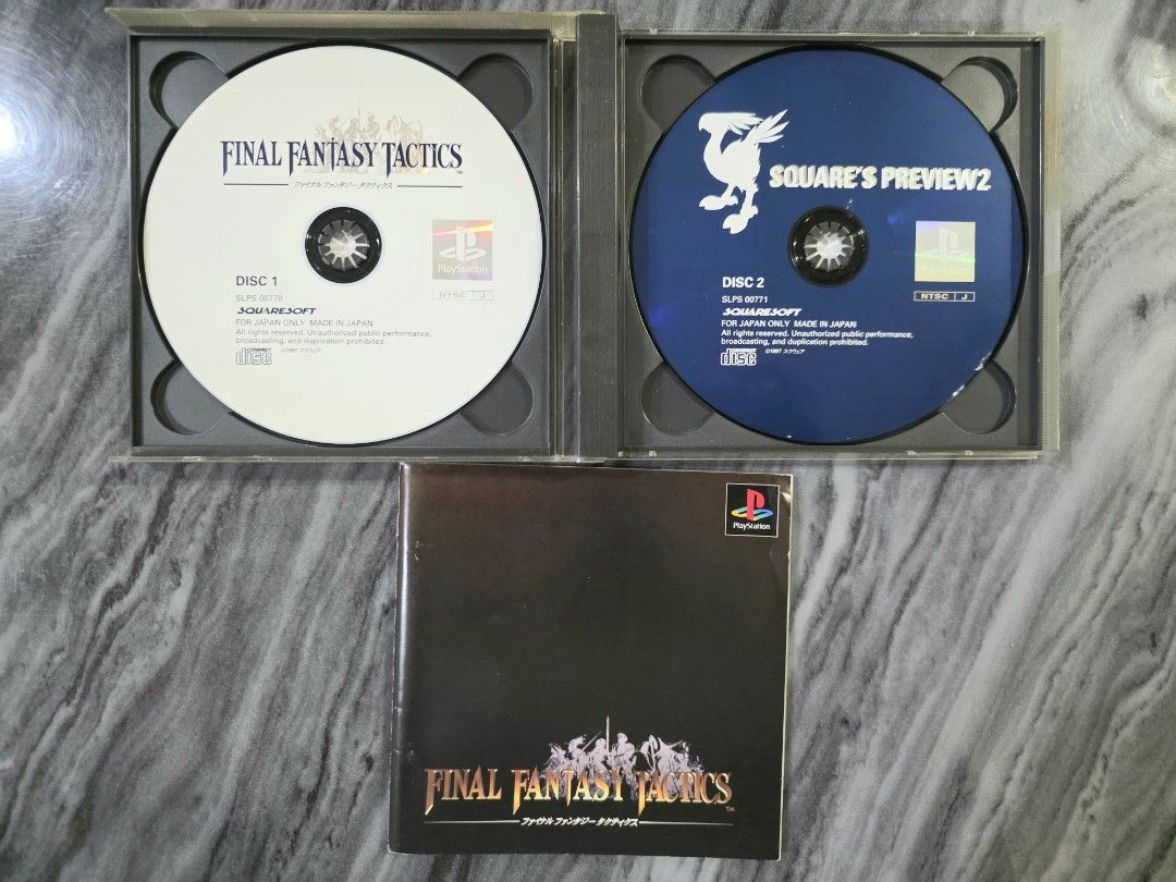 Final Fantasy Tactics (Complete) Jap for PS One Playstation (Category: PlayStation) located in Mandaluyong City. Submitted by chan.ningtatum (Listing ID 1419268071, Image 3). Description: For Sale! Final Fantasy Tactics - Includes both game discs. - Original inserts included. - A great addition for retro gaming collectors. Good Working Condition. No Issue Checkouts via Shope e and Laz ada Available Shipping: Lalamove, Grab Meet ups: Mandaluyong a