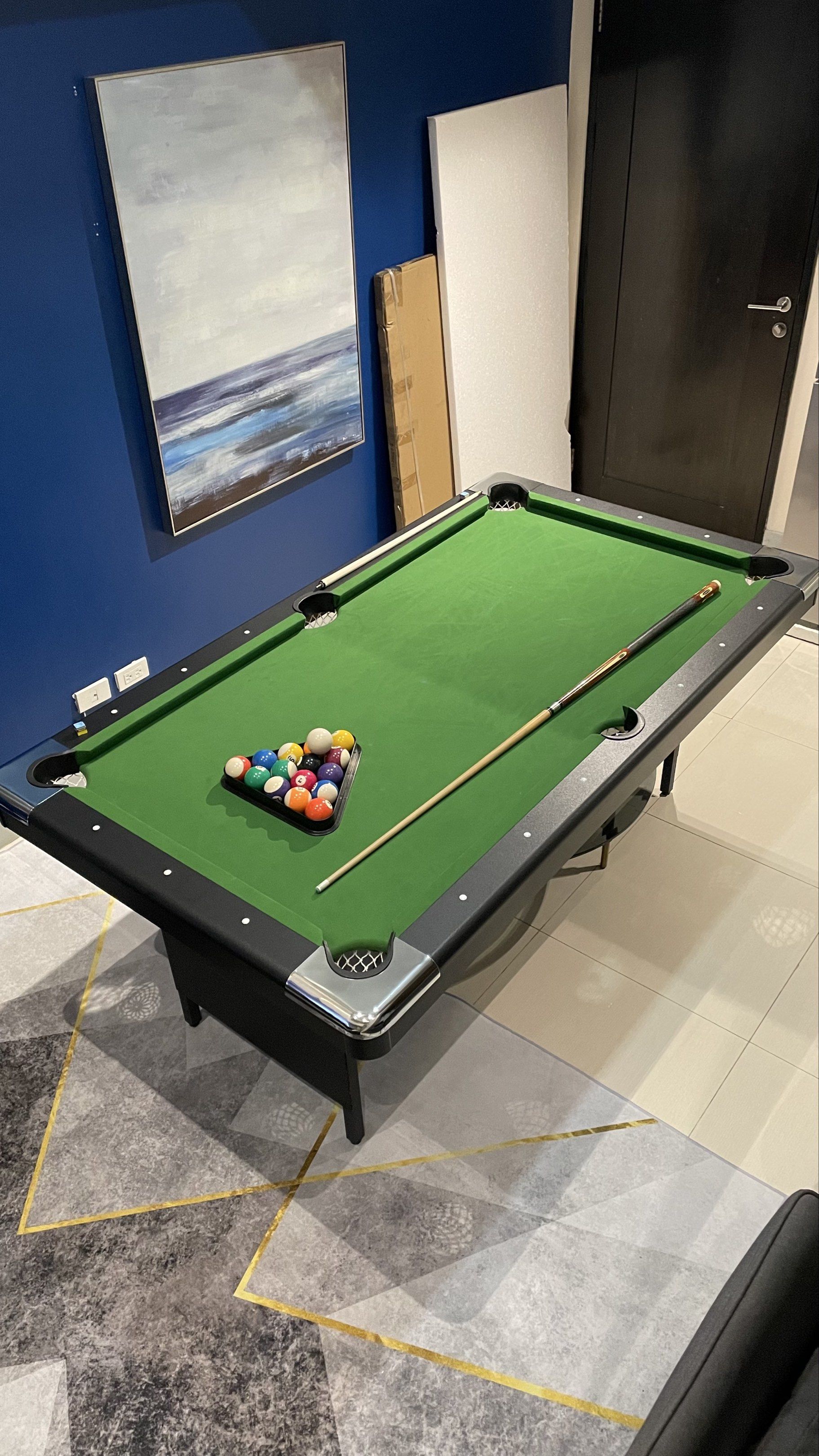 Foldable 3-in-1 Billiard/Table Tennis Table 6ft (Category: Billiards and Bowling) located in Muntinlupa City. Submitted by ntleala (Listing ID 1419210157, Image 1). Description: Great for game nights! 3-in-1 foldable billiard table, can play table tennis and can be used as regular table Billiard table details Height: 82cm Length of pool table: 193cm / 76 inch Width of pool table: 109cm / 43 inch Corner to corner length/diagonal: 217cm / 7 feet Ta