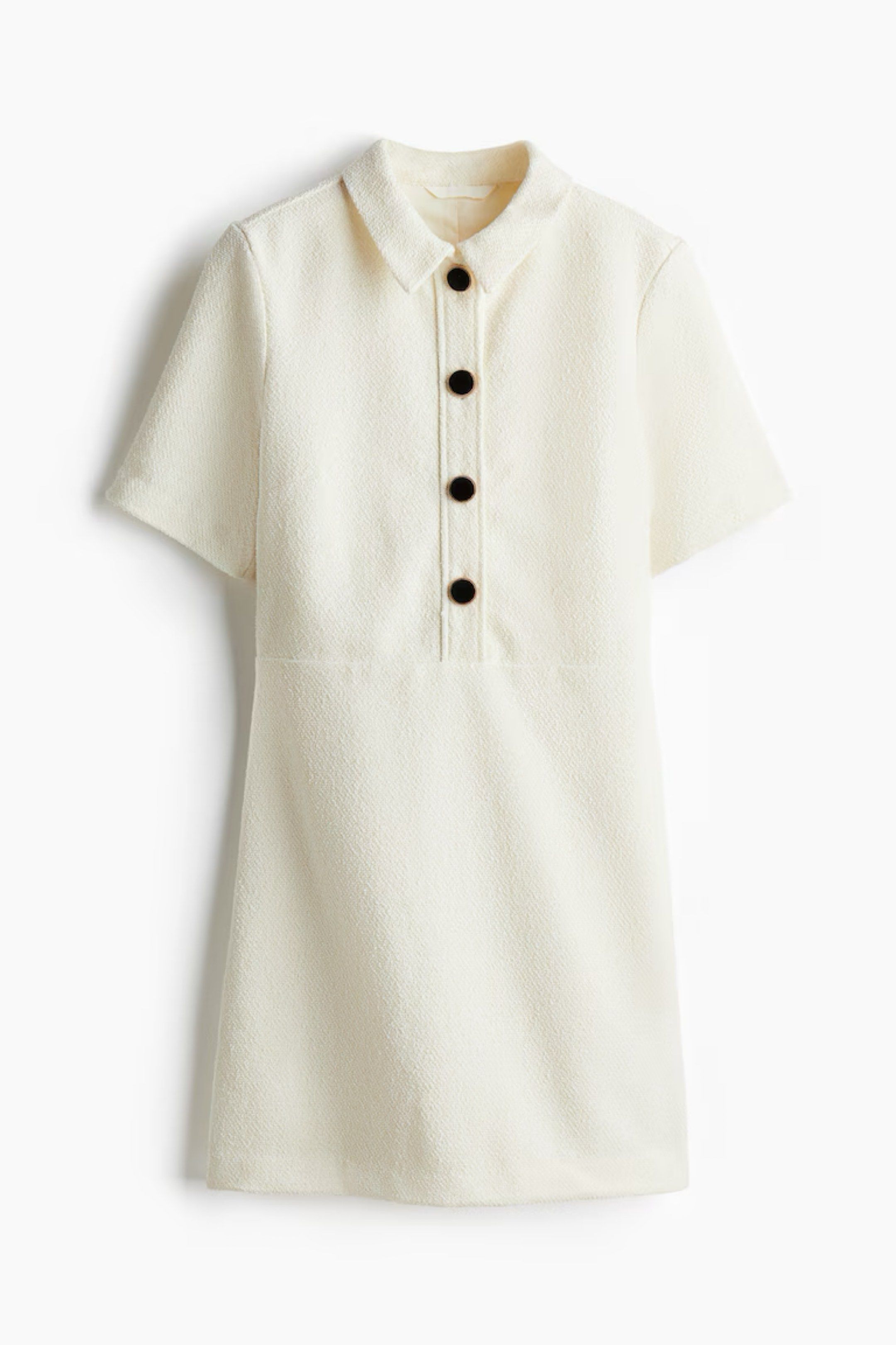 H&M bouclè dress (Category: Dresses) located in Davao. Submitted by quickootd (Listing ID 1419378208, Image 2). Description: - Cream-colored mini dress tweed fabric -Xs on tag - Textured fabric - Collared neckline - Short sleeves - Black button-down front - Straight silhouette - Suitable for various occasions .