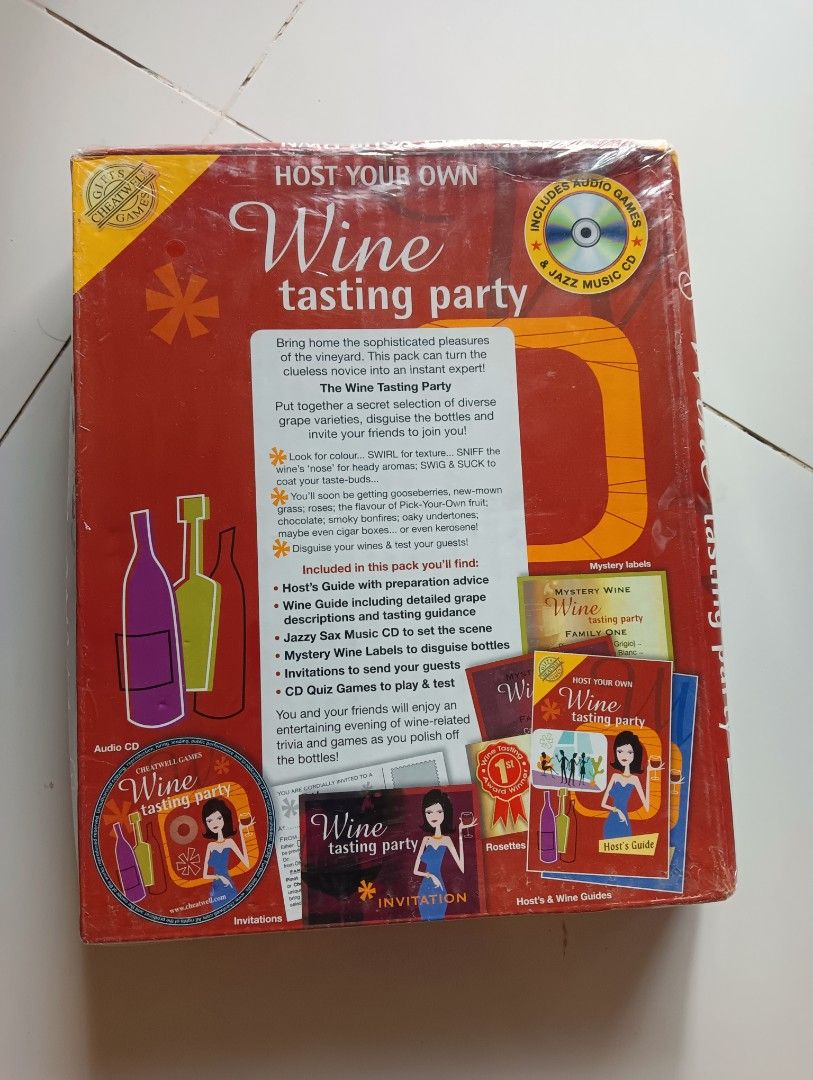 Host Your Own Wine Tasting Party Game (Category: Board Games & Puzzles) located in Porac. Submitted by redapple24 (Listing ID 1419241509, Image 2). Description: - Wine Tasting Party in a Box! - Includes a music CD for ambiance. - Features wine bands with tasting notes. - Includes a mystery wine game. - Contains a CD quiz game. - Comes with invitation cards. - Ideal for a fun night with friends..