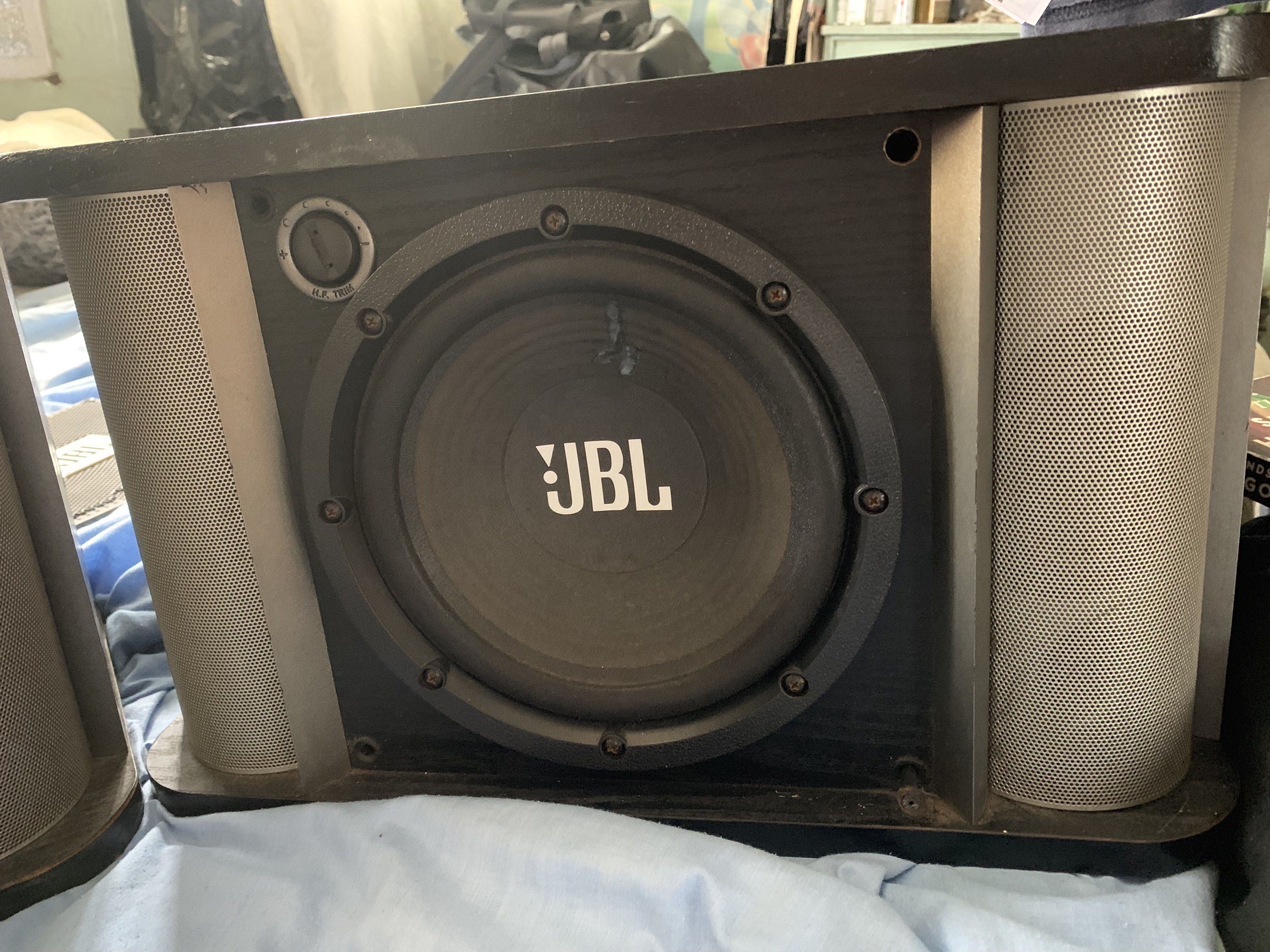 JBL RM8 Pro Sound Speakers (Category: Soundbars, Speakers & Amplifiers) located in Quezon City. Submitted by rsalinda (Listing ID 1419201445, Image 2). Description: - JBL RM8 speakers - Black finish with silver accents - Max. 135W amplifier power - Includes speaker wire terminals - Made in China Issue: Other pair is not working. Have small crack at the cone, already fixed. Sound still the same.