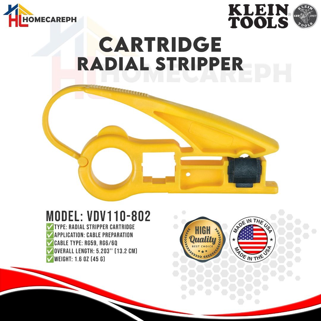 Klein Tools Cartridge Radial Stripper VDV110-802 (Category: Construction Tools & Equipment) located in Manila. Submitted by homecareph (Listing ID 1302777810, Image 1). Description: 02-02-2026 ✅For Sale !!! Retail / Wholesale ✅KLEIN TOOLS CARTRIDGE RADIAL STRIPPER ✅Model: VDV110-802 • Type: Radial Stripper Cartridge • Application: Cable Preparation • Cable Type: RG59, RG6/6Q • Overall Length: 13.2cm • Weight: 45g ✅100% Original ✅Made in USA ✅Qual