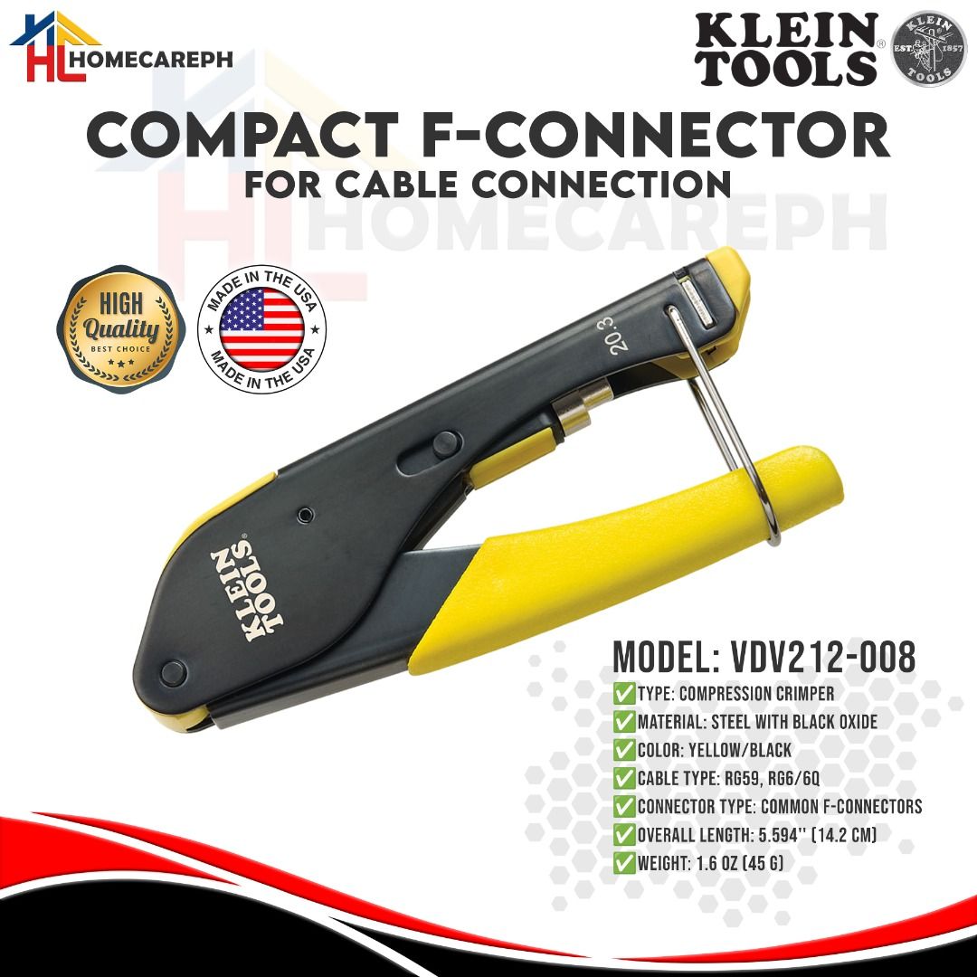 Klein Tools Compact F-Connector VDV212-008 (Category: Construction Tools & Equipment) located in Manila. Submitted by homecareph (Listing ID 1302778306, Image 1). Description: 02-02-2026 ✅For Sale !!! Retail / Wholesale ✅KLEIN TOOLS COMPACT F-CONNECTOR (FOR CABLE CONNECTION) ✅Model: VDV212-008 • Type: Compression Crimper • Material: Steel with Black Oxide • Color: Yellow / Black • Cable Type: RG59 RG6/6Q • Connector Type: Common F-Connectors • Ov