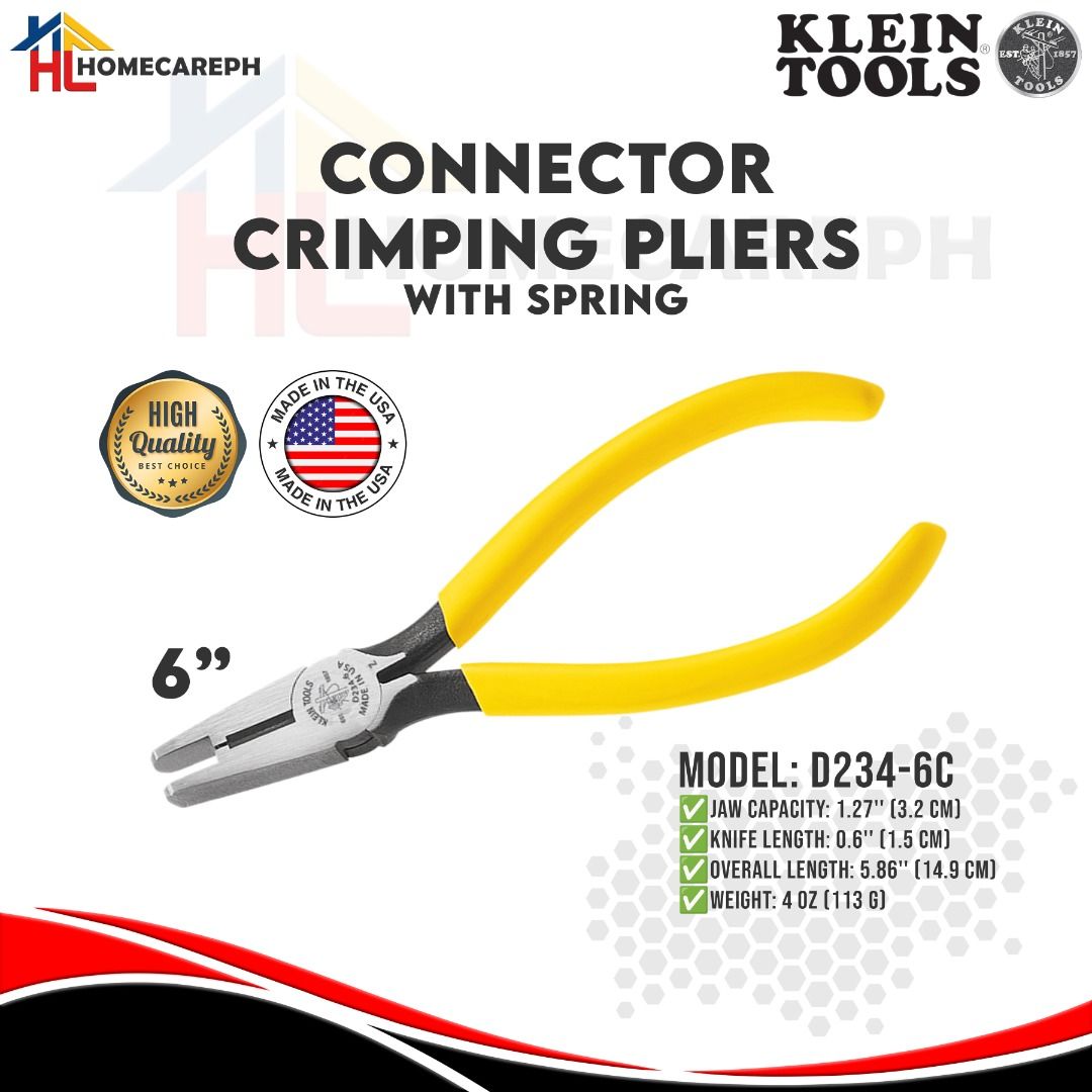 Klein Tools Connector Crimping Pliers with Spring 6-inch D234-6C (Category: Construction Tools & Equipment) located in Manila. Submitted by homecareph (Listing ID 1301548686, Image 1). Description: 02-02-2026 ✅For Sale !!! Retail / Wholesale ✅KLEIN TOOLS CONNECTOR CRIMPING PLIERS ✅MODEL: D234-6C • Jaw Capacity: 3.2cm • Knife Length: 1.5cm • Overall Length: 5.86" (14.9cm) • Weight: 113g ✅100% Original ✅Made in USA ✅Quality Guaranteed ✅Pick up at o