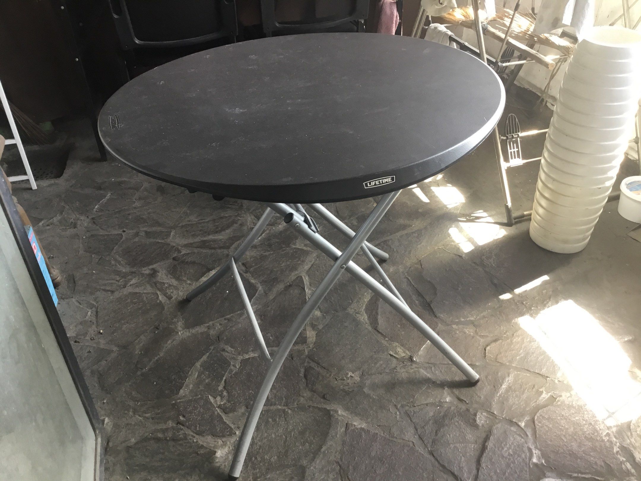 Lifetime Round Folding Table (Category: Tables & Sets) located in Manila. Submitted by roberto.enriquez (Listing ID 1419268000, Image 1). Description: - Durable Lifetime round folding table. - Features a black tabletop. - Sturdy, foldable metal frame. - Designed for easy storage and transport. - Perfect for events, parties, or everyday use. - Round shape, suitable for various settings. - Practical and space-saving. Diameter 32 inches Height 30 in