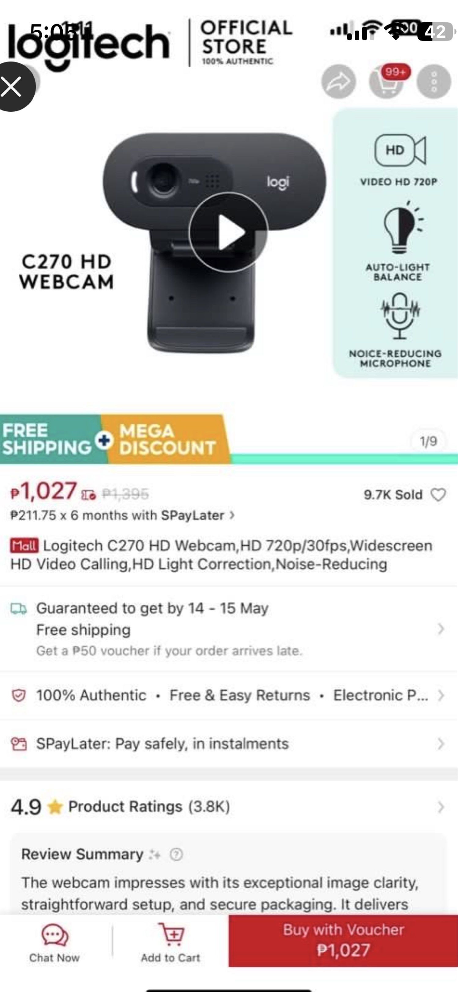 Logitech C270 HD Webcam (Category: Webcams) located in Manila. Submitted by yukitsuruoka (Listing ID 1419385063, Image 3). Description: This was a gift to me but never got around to using it. Brand new i just opened it to test if its working. Location: Comembo Taguig Payment first Only delivery via lalamove, moveit, angkas, or grab.
