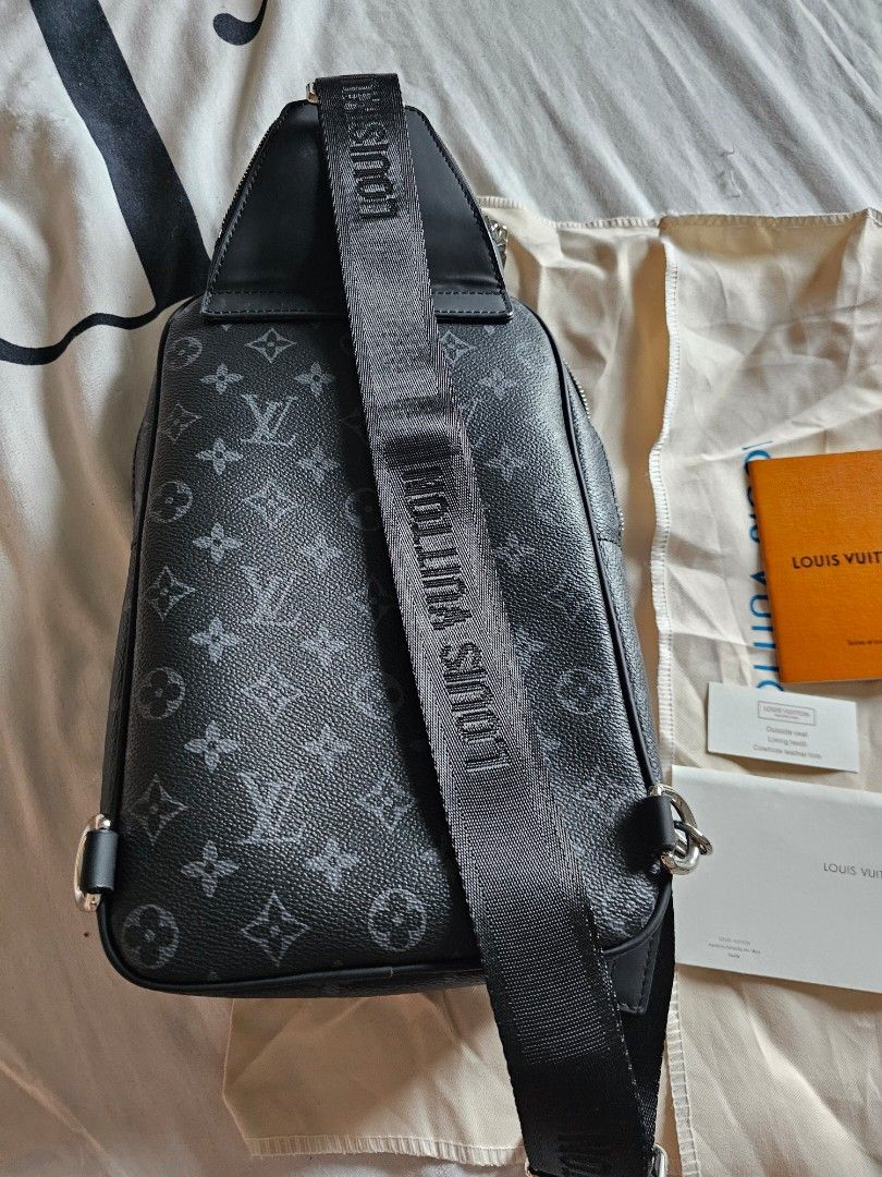 Louis Vuitton Christopher Sling Bag (Category: Luxury Bags & Wallets) located in Tagbilaran City. Submitted by lugarpogi (Listing ID 1419391028, Image 3). Description: - Authentic Louis Vuitton Christopher Sling Bag - Color: Black - Iconic LV monogram pattern - Includes: Dust bag, care booklet, and original box - Features: - Main compartment - Front pocket - Adjustable strap with Louis Vuitton logo - Silver-tone hardware - Zip closure.