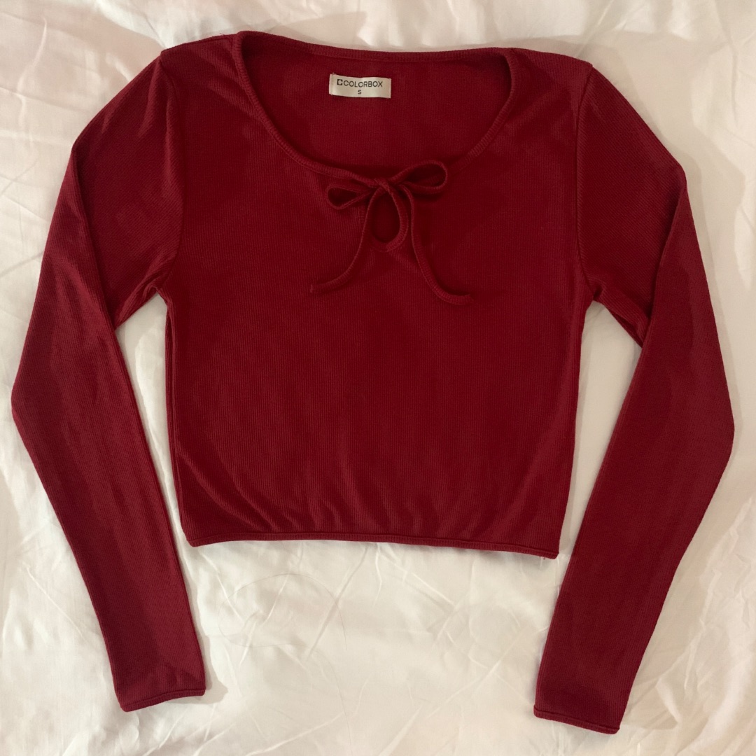 New Colorbox Dark Red Bow Cutout Long Sleeve Top | kaos croptop lengan ...