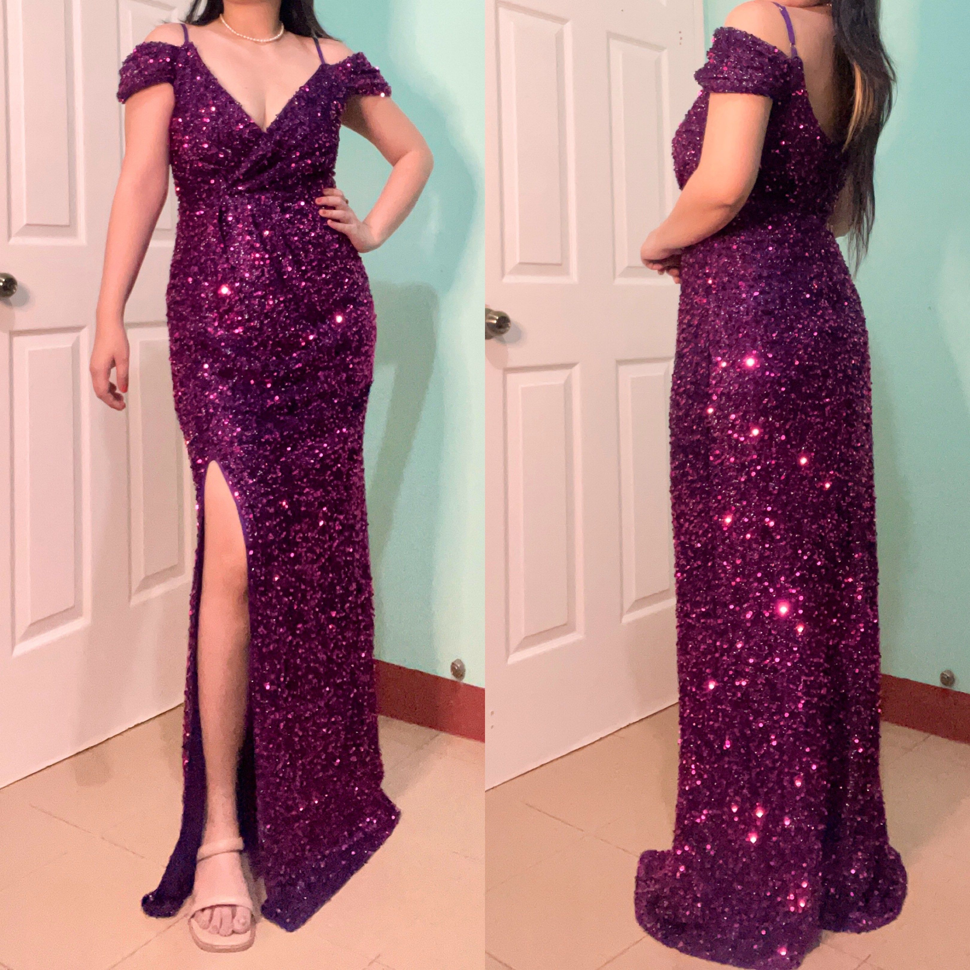 Plum Off Shoulder Mermaid Sequins Long Gown (Category: Evening dresses & gowns) located in Cainta. Submitted by fiolas26 (Listing ID 1419368232, Image 1). Description: BrandNew Fully Sequined Medium Polyester Mixed Fabric inner Stretch Fabric Sophisticated Very Sparkly Perfect for Events Model Height : 5'5 Model Body Frame : Medium.