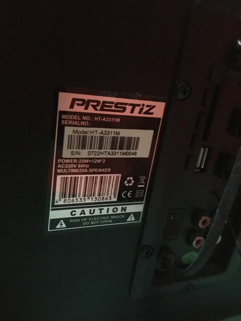 Prestiz HT-A3311M Speaker (Category: Soundbars, Speakers & Amplifiers) located in Caloocan City. Submitted by psychen09 (Listing ID 1419339816, Image 2). Description: Prestiz HT-A3311M 600 Working pa. No issues As is, no box. But I'll provide cardboard upon shipping. .