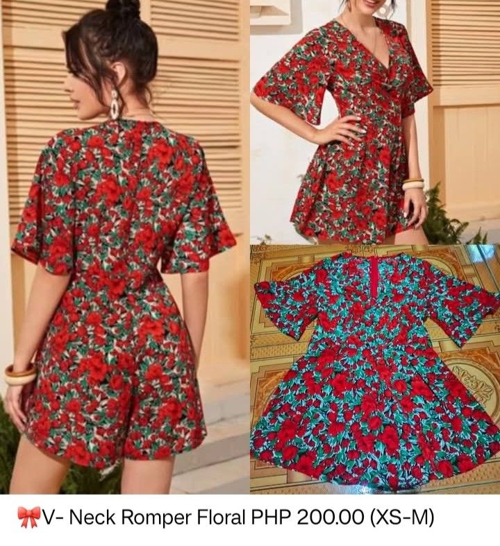 V-Neck Floral Romper (XS-M) (Category: Rompers) located in Cavite. Submitted by sofficph (Listing ID 1419327719, Image 1). Description: - Floral romper - V-neckline - Short sleeves - Red floral pattern - Sizes: XS to M - Lightweight fabric - Ideal for casual and summer wear.