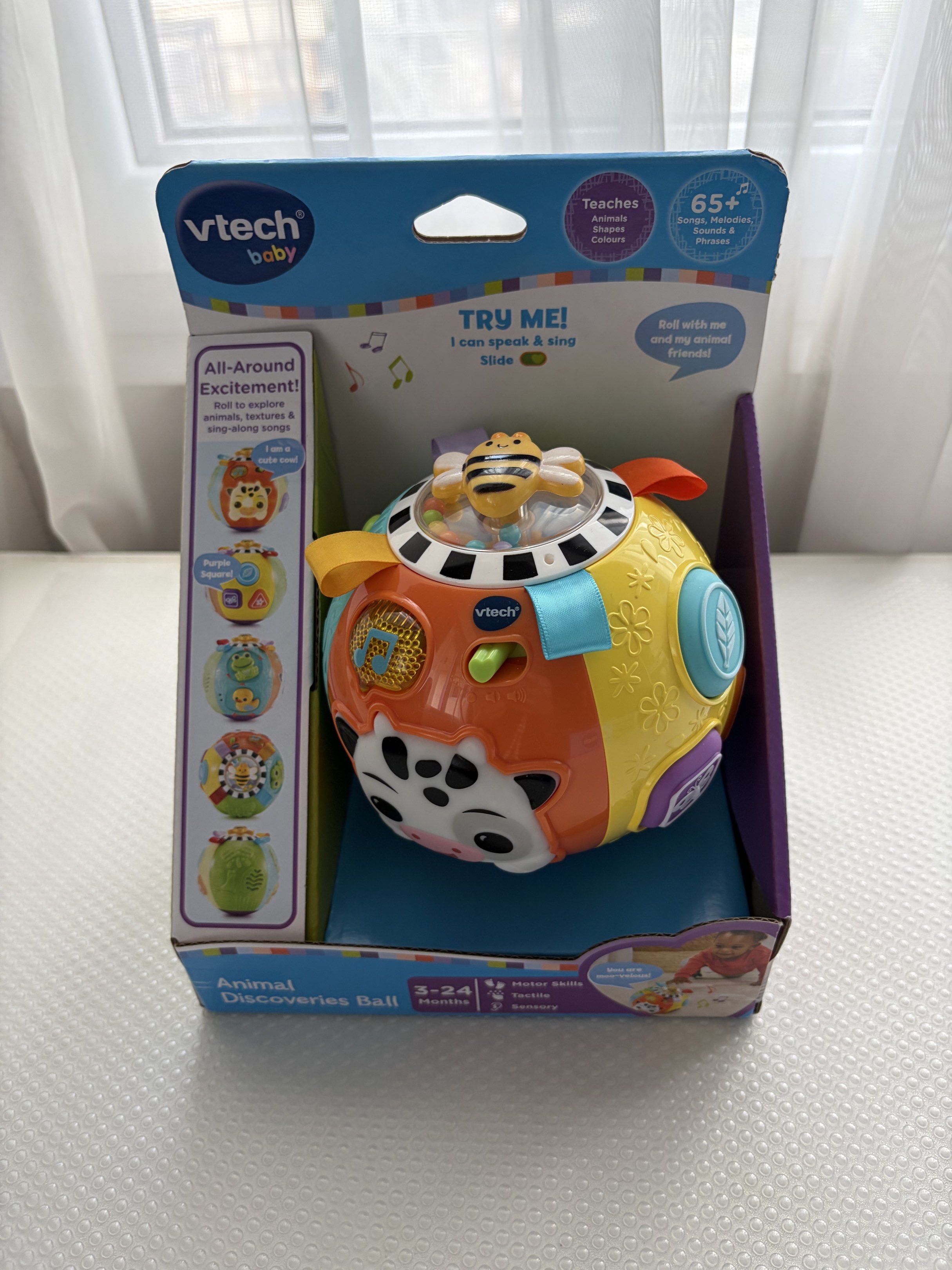 VTech Animal Discoveries Ball (Category: Infant Playtime) located in Quezon City. Submitted by ciyellow (Listing ID 1419381725, Image 1). Description: SRP: P1,299 - VTech Baby Animal Discoveries Ball: Perfect for babies 3-24 months! - 65+ songs, melodies, sounds, and phrases. - Teaches animals, colors, and shapes. - Includes sing-along songs and rolling sounds. - Features soft shape buttons and fidget friends. - Requires 2 AAA batteries..