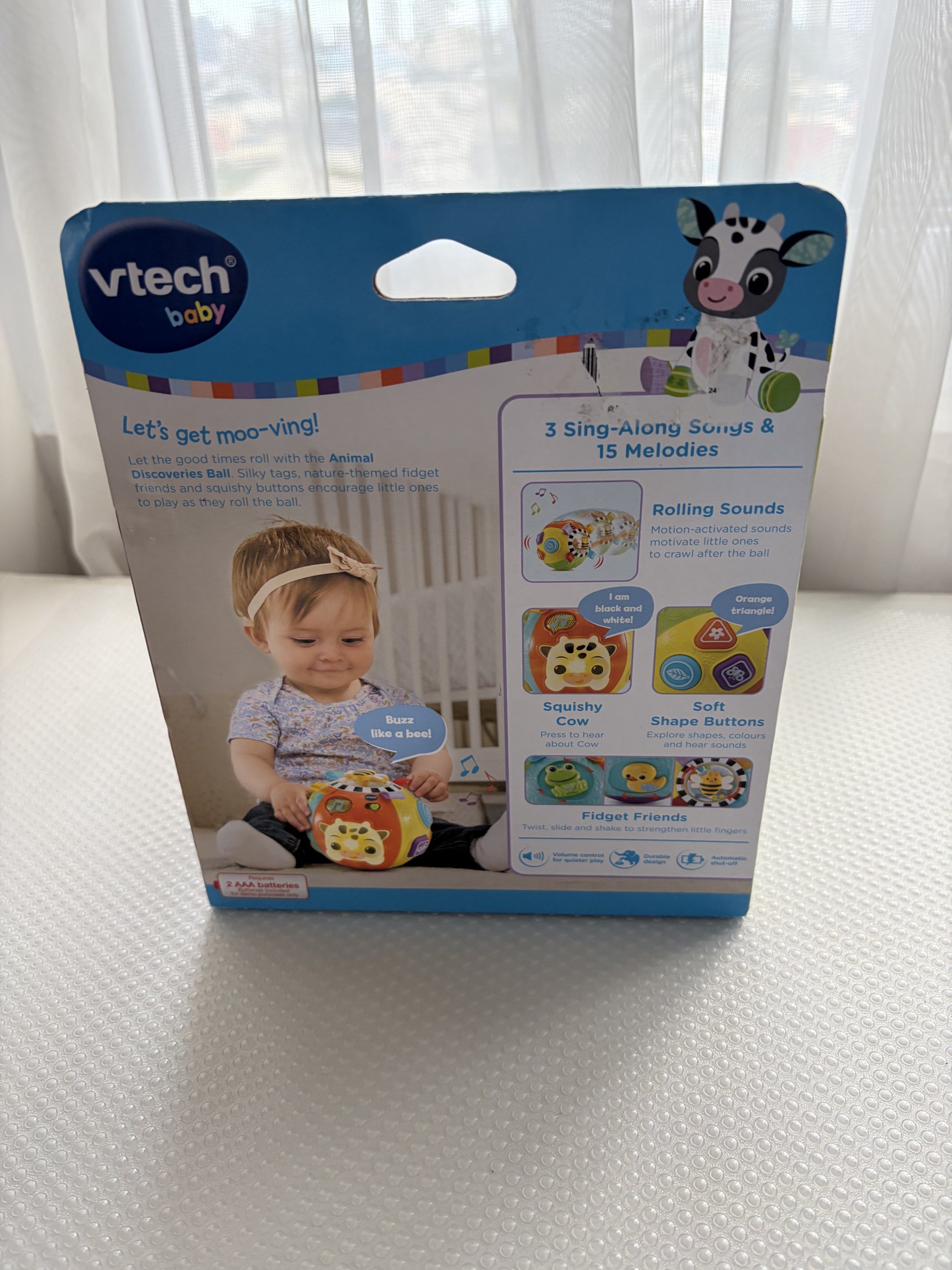 VTech Animal Discoveries Ball (Category: Infant Playtime) located in Quezon City. Submitted by ciyellow (Listing ID 1419381725, Image 2). Description: SRP: P1,299 - VTech Baby Animal Discoveries Ball: Perfect for babies 3-24 months! - 65+ songs, melodies, sounds, and phrases. - Teaches animals, colors, and shapes. - Includes sing-along songs and rolling sounds. - Features soft shape buttons and fidget friends. - Requires 2 AAA batteries..