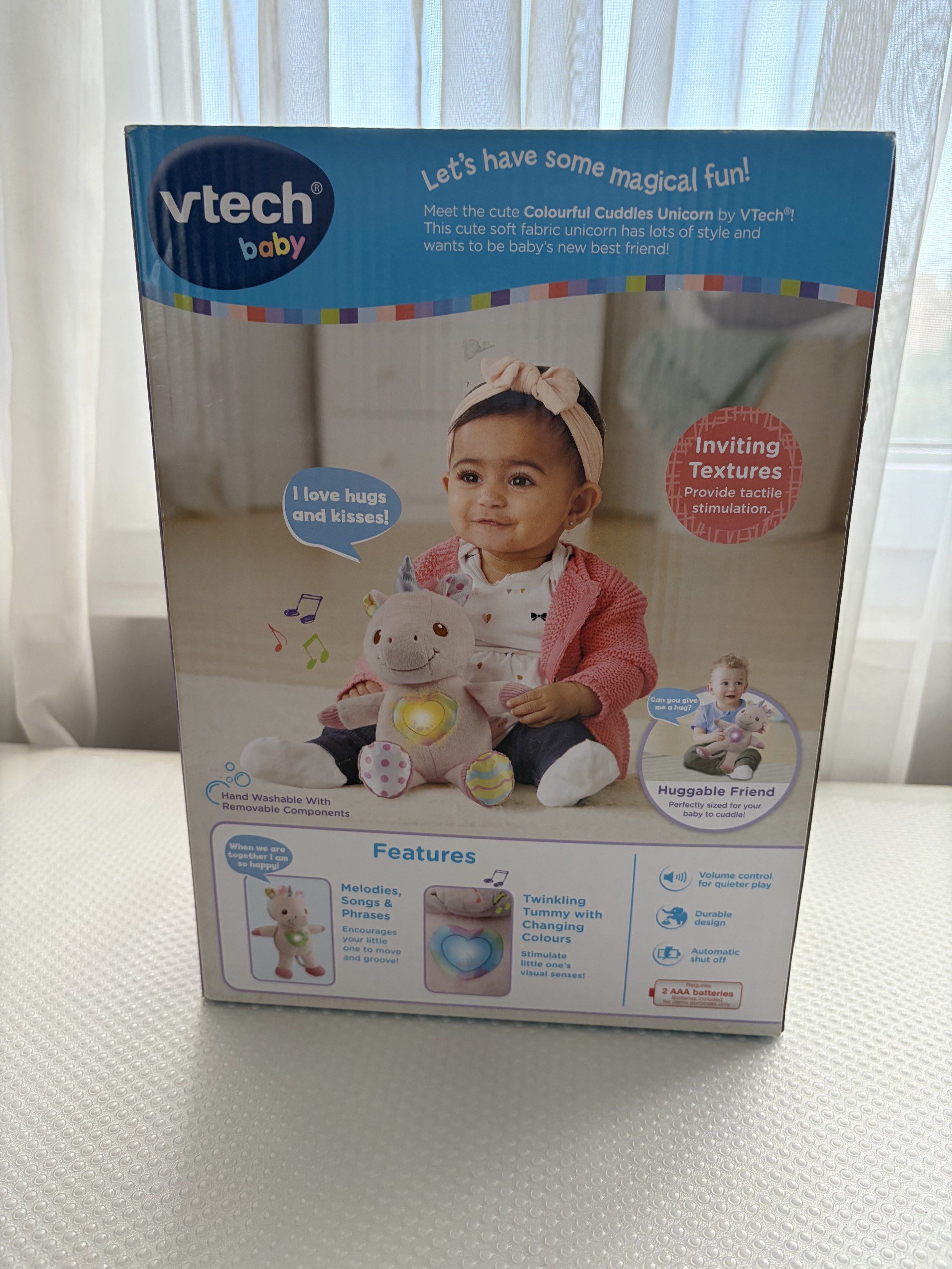 V-Tech Colorful Cuddles Unicorn (Category: Plushies & Soft Toys) located in Quezon City. Submitted by ciyellow (Listing ID 1419266831, Image 2). Description: SRP: 1,899 Meet the cute and soft fabric Vtech Baby Colourful Cuddles Unicorn! So cuddly, the unicorns soft bo The colourful cuddles unicorn also tells you it’s favourite colour and includes 3 catchy sing-along The unicorns textured hooves, ears and silver unicorn horn provide tactile stimul