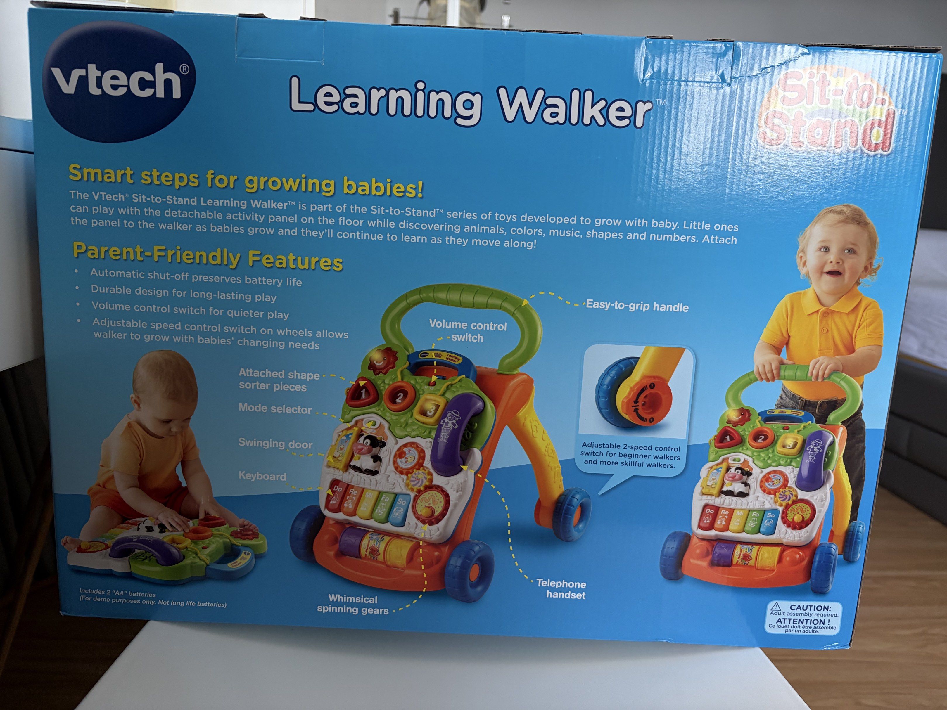 VTech First Steps Learning Walker for 6 months+ (Category: Infant Playtime) located in Quezon City. Submitted by ciyellow (Listing ID 1419265830, Image 2). Description: SRP: 3,399 Watch your little one take their first precious steps with this fantastic 2-in-1 walker and activity centre. With textured wheels, an easy grip handle, and a durable design, the sturdy walker gives all the support they need to take their first steps. The fun-filled acti