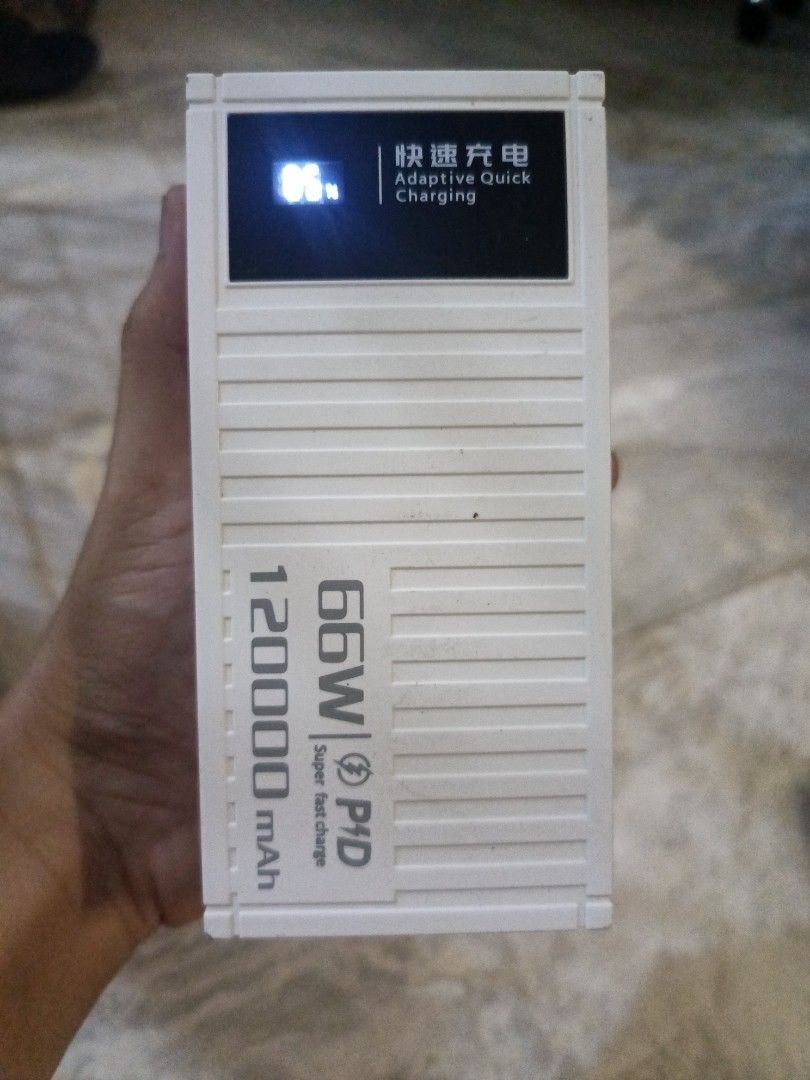 120000mAh 66W Power Bank (Category: Batteries & Power Banks) located in Quezon City. Submitted by cslapid (Listing ID 1422441872, Image 1). Description: - 120000mAh Capacity - 66W Super Fast Charging - Multiple Ports: USB, Micro, Type-C - LED Battery Percentage Display - Convenient Carrying Handle No longer need power brick. pickup from qc, payment via gcash, fixed price only.